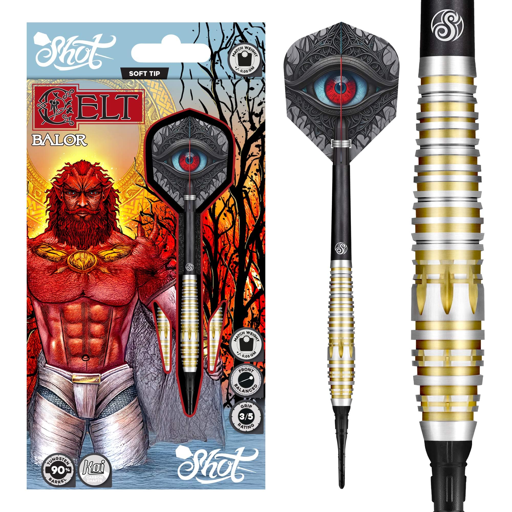 Shot! Celt Balor Steel Tip Dart Set 90% Tungsten Barrels, Front Weighted professional darts for bristle dartboard