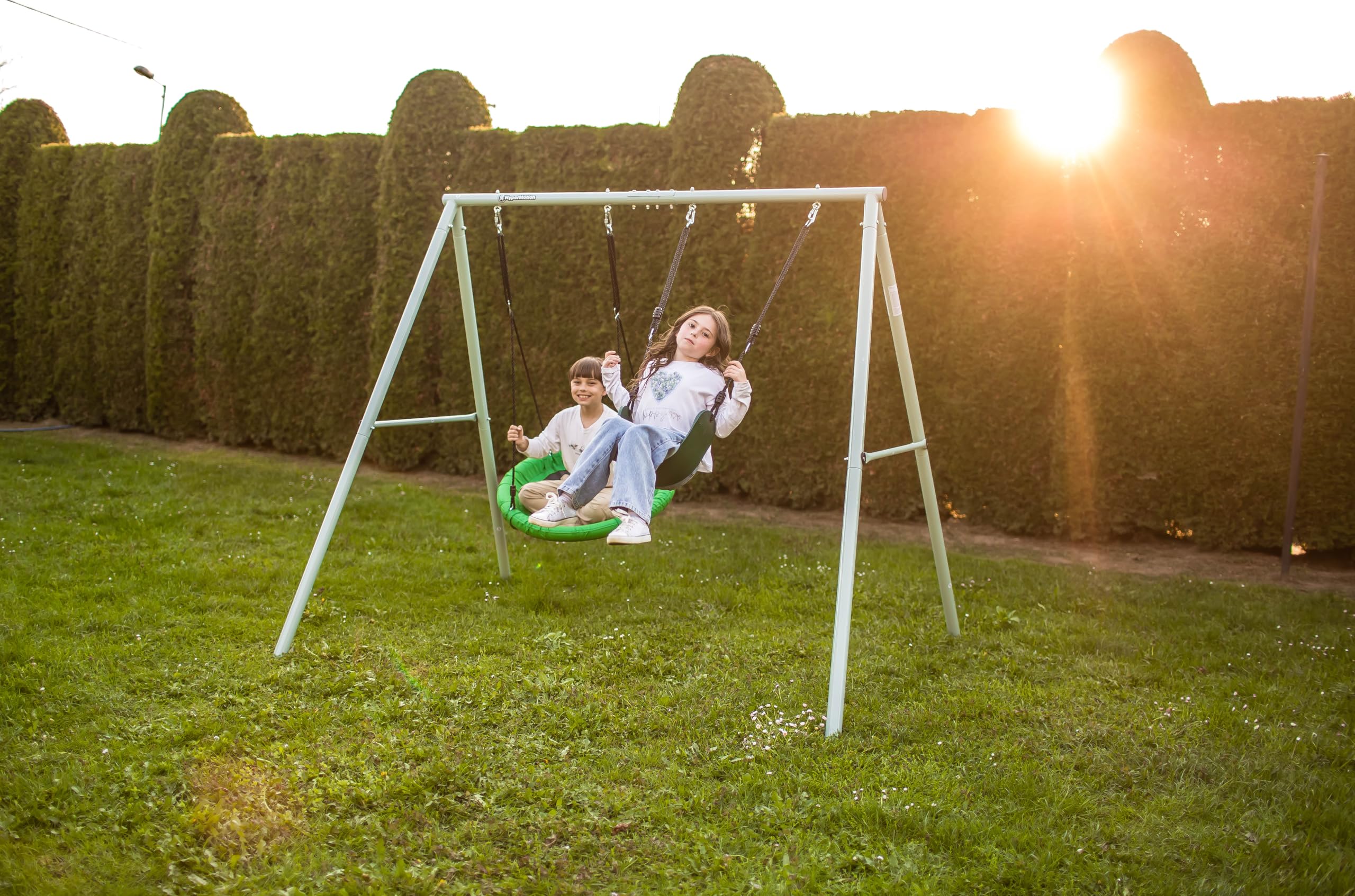 HyperMotion Columpio Infantil Doble para Jardín Exterior - Asiento y Nido de Cigüeña Ajustable con Estructura en A - para 2-3 Niños, Carga 200kg, Resistente UV