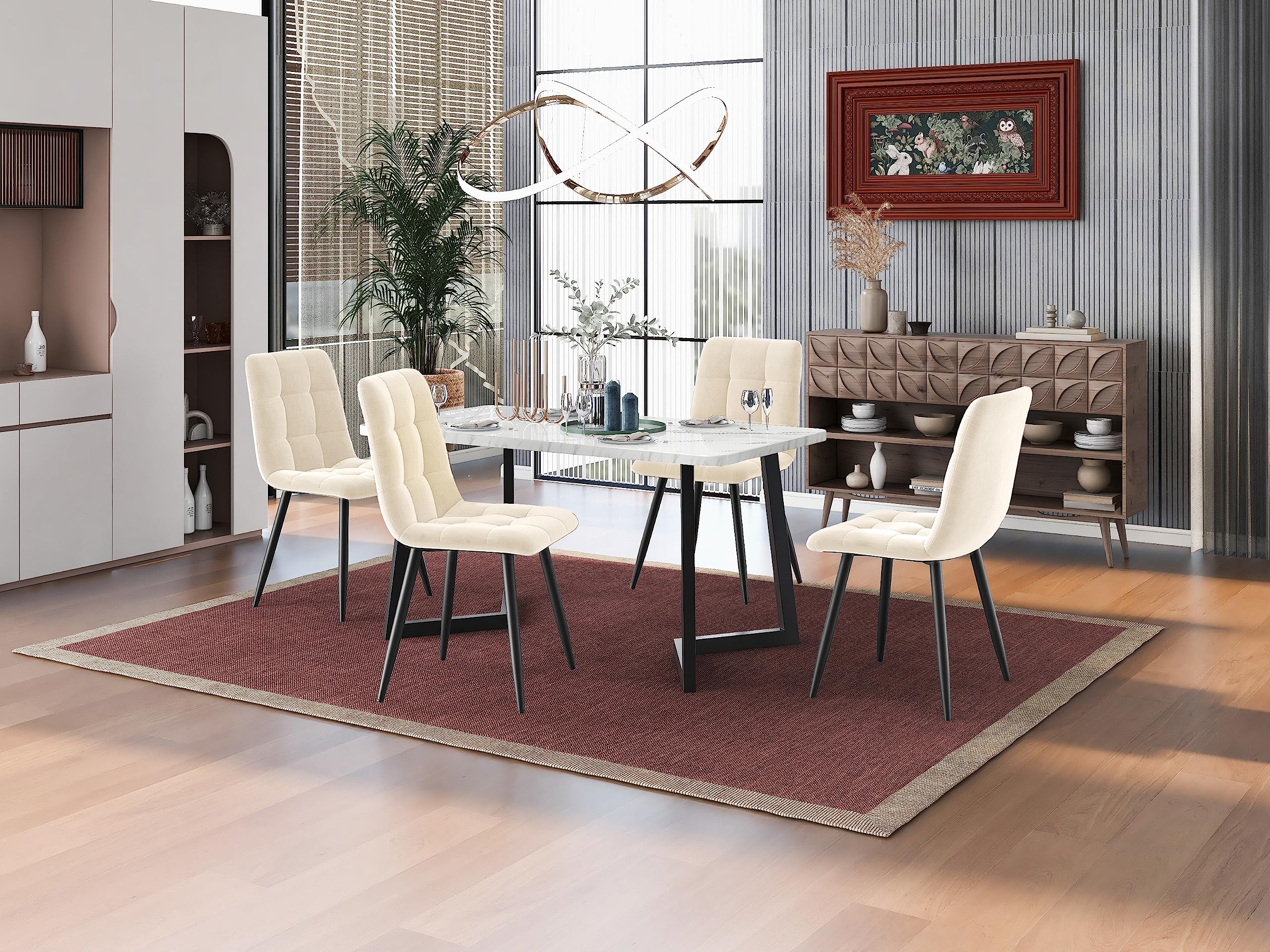Eleganter 117cm Esstisch mit 4 Beige Samtstühlen - Modernes Küchen-Set mit Marmor-Optik & Schwarzen Tischbeinen