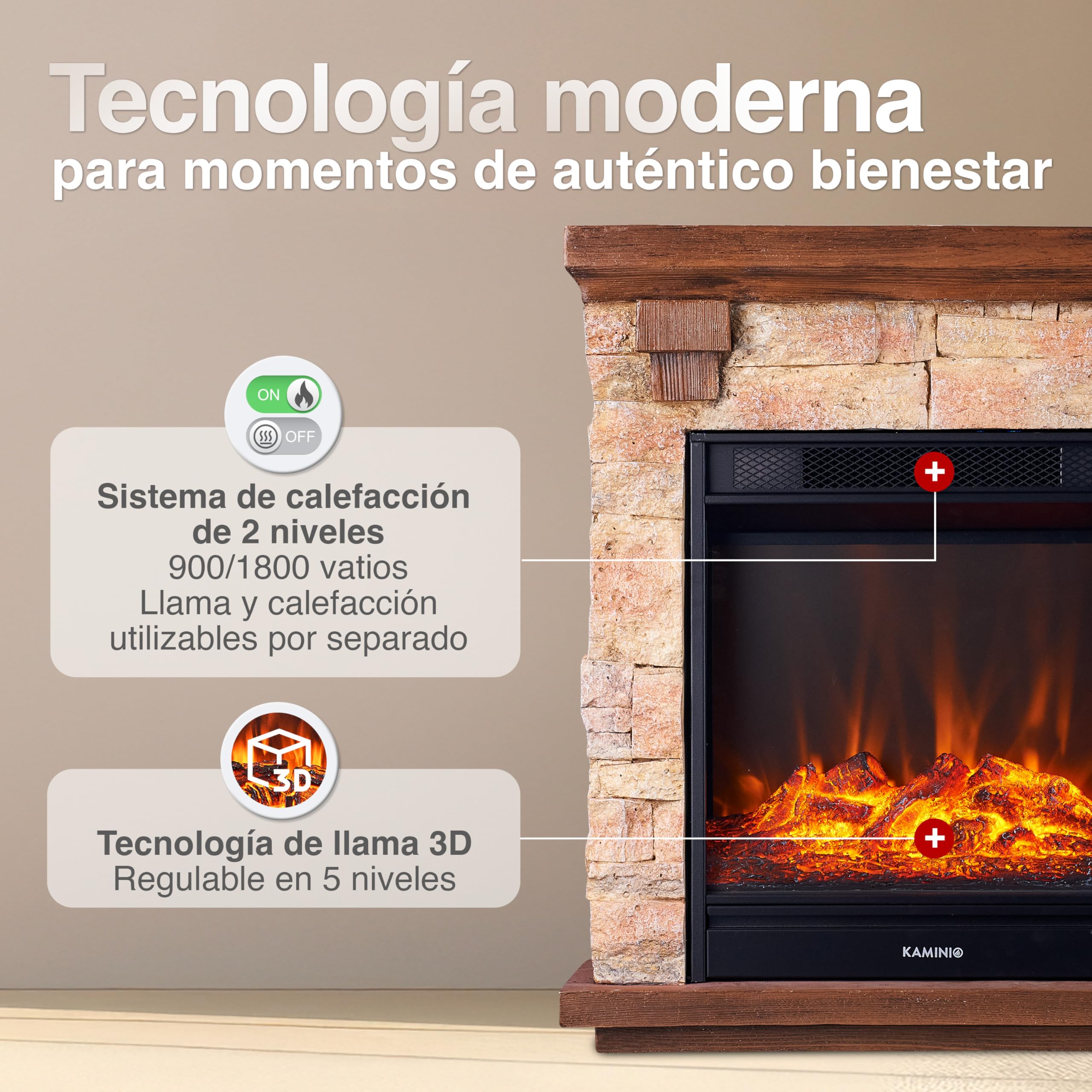KAMINIO Chimenea eléctrica Juan - Chimenea eléctrica de pie con Aspecto de Piedra, función de calefacción, Efecto de Llama 3D y Mando a Distancia (Beige)