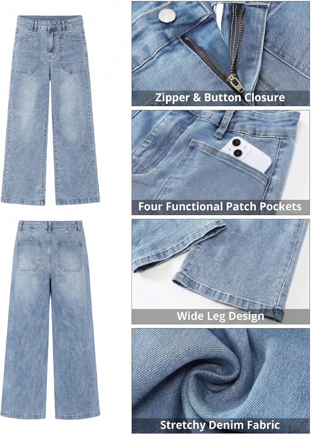 GRAPENT Wide Leg Jeans Woman Trendy Cropped High Waisted Patch Pocket Stretch Denim Pants Baggy Loose Straight Leg Jeans - Image 6
