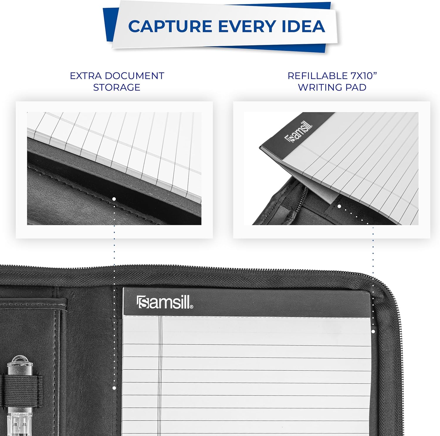Samsill Professional Padfolio, Faux Leather Junior Portfolio with Zipper, 10.1 Inch Tablet Sleeve, with 7 x 10 Inch Notepad, Black