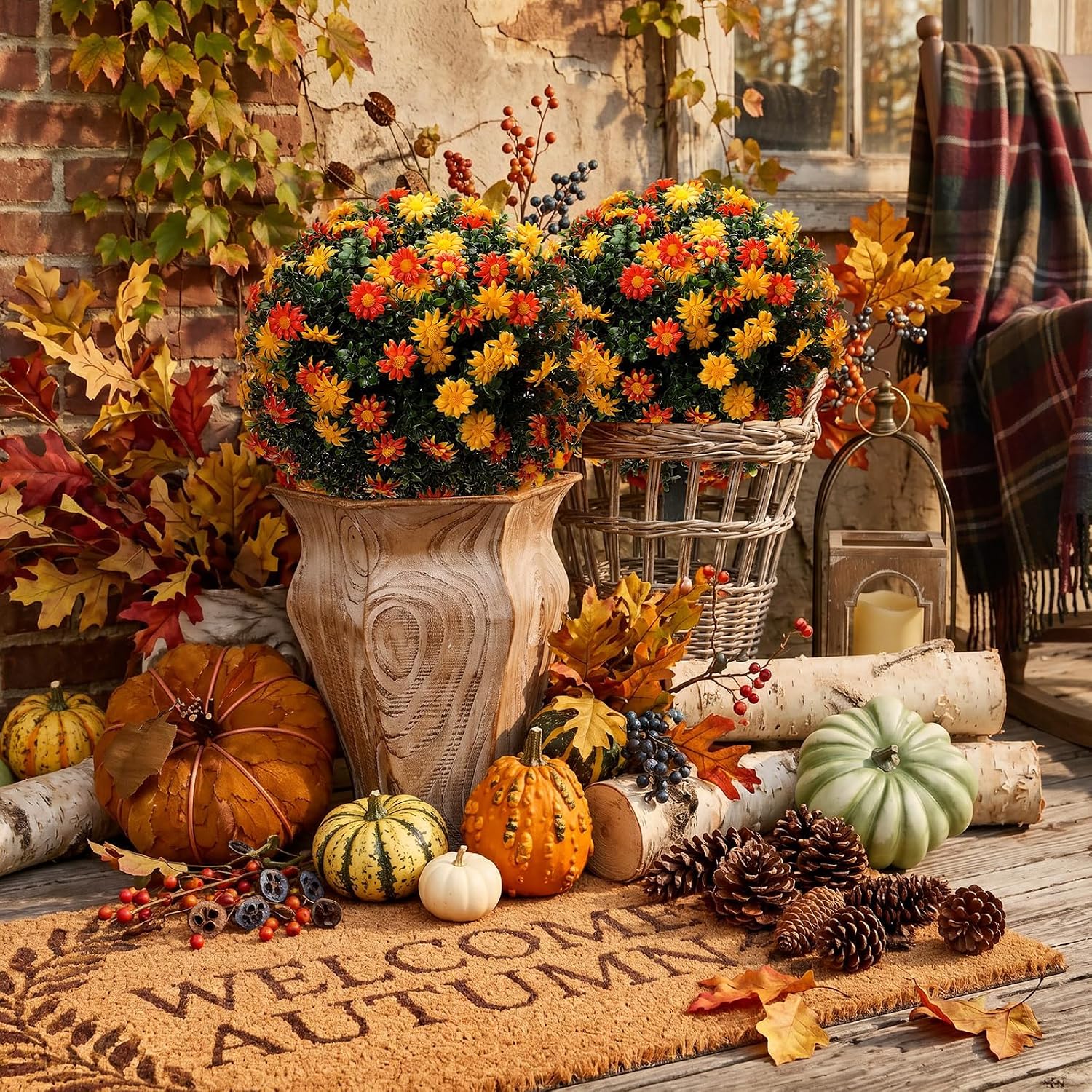 2 Pack Fall Artificial Mums Topiary Ball Tree Outdoor Fake Mums Boxwood Plants 22 Inch Faux Autumn Flowers with Ground Spike Flower for Garden Yard Porch Patio Autumn Decor