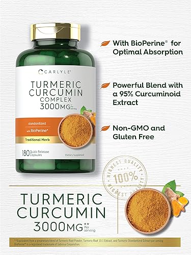 Miniatura 3 de Carlyle Suplemento de curcumina de cúrcuma  3000 mg 180 cápsulas  con pimienta negra, curcuminoides y bioperina  Sin OMG, sin gluten