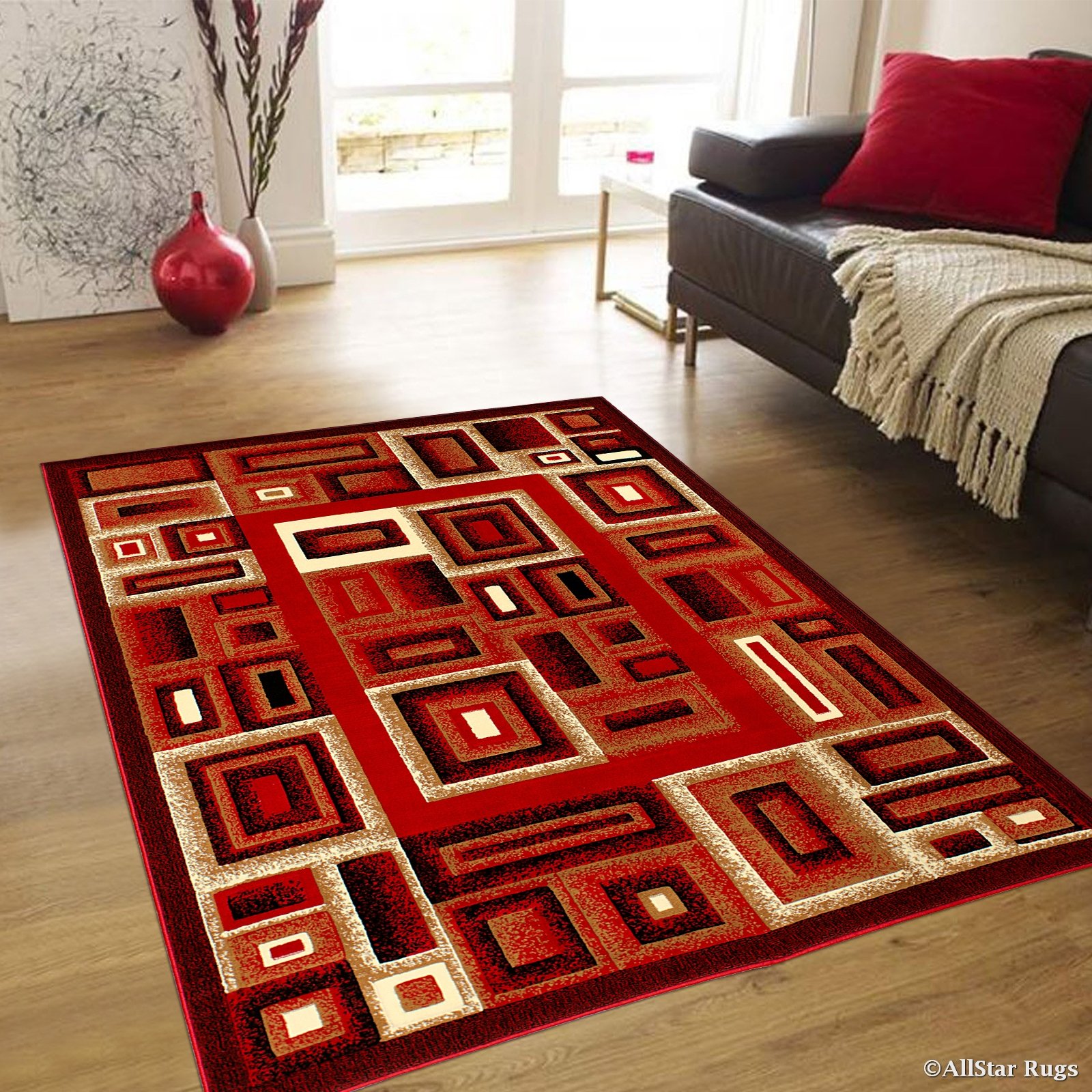 Allstar 5x7 Red Abstract Machine Carved Rectangular Accent Rug with Ivory and Espresso Geometric Design (5' 2" x 7' 1")
