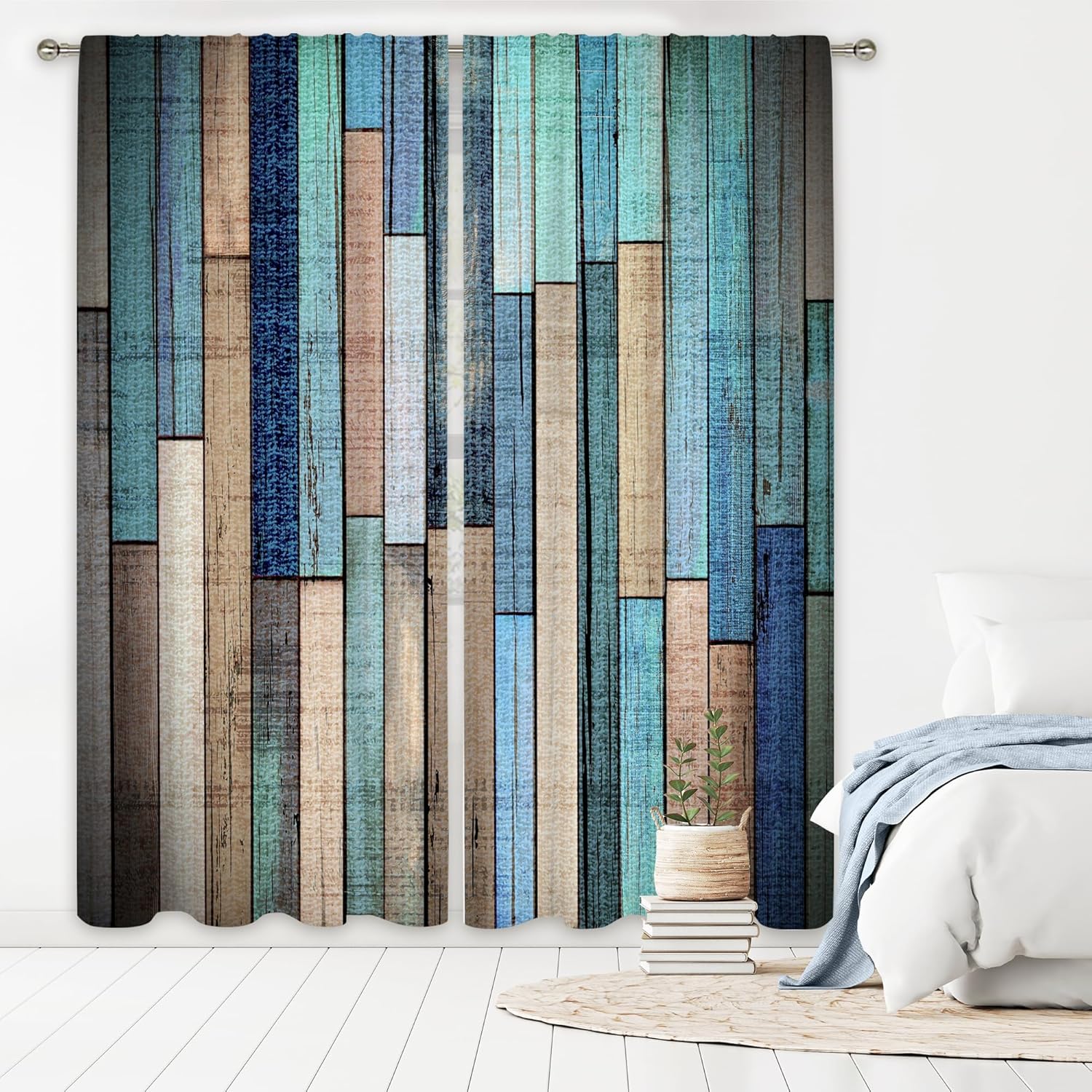 MESHELLY Rustic Farmhouse Curtains 52W X 84H Inch Rod Pocket Colorful Curtains for Living Room Western Barn Door Wooden Decor Multicolor Wood Cabin Country Garage Art Printed Bedroom Drapes 2 Panels