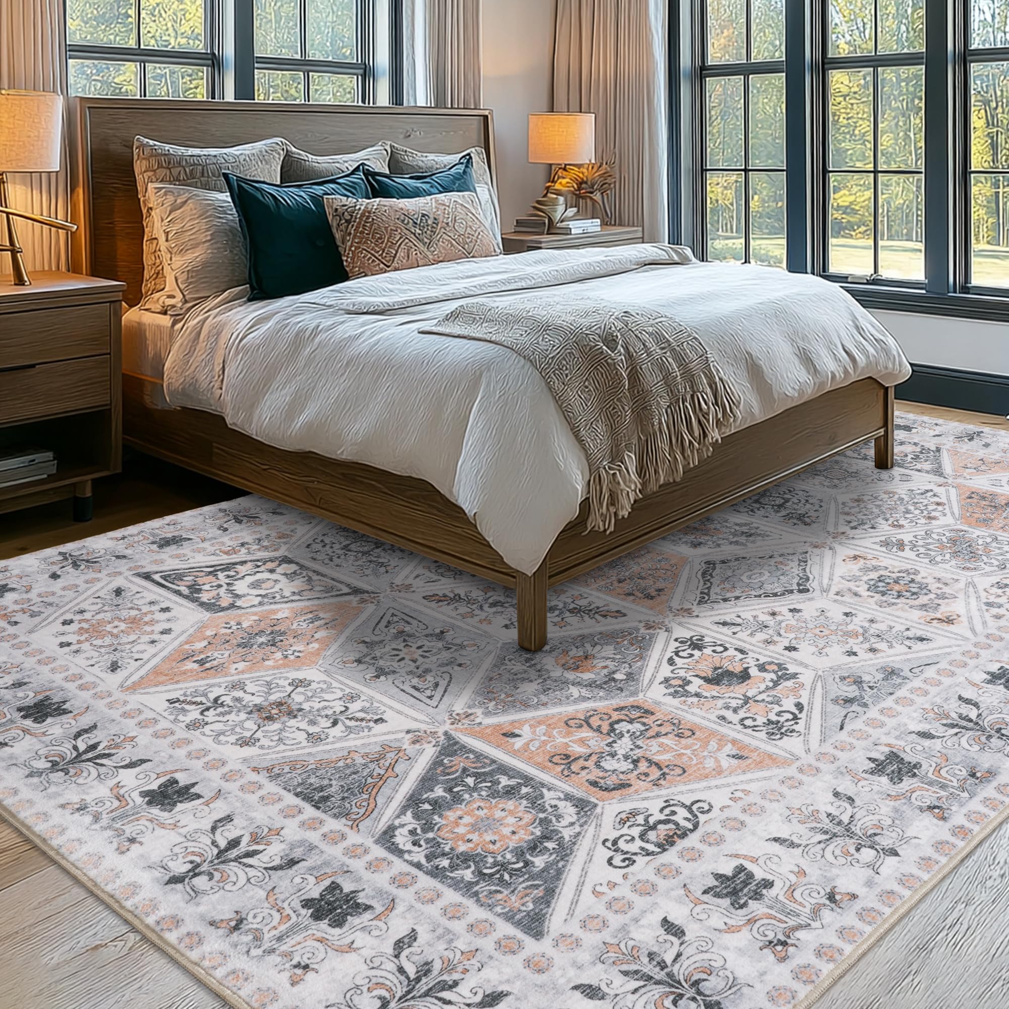 Beige Großer Vintage Kurzflor Teppich Wohnzimmer, 200x300 cm | Boho Waschbarer Teppich, Rutschfester Schlafzimmer Teppiche, Geometrisch Rauten Muster Carpet für Esszimmer Büro Küche