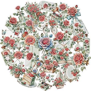 56PCS Vintage Rose Clear Stickers Pack, Watercolor Floral Scrapbook Stickers, Red Flower Aesthetic Decals for Journaling, Planner, Valentine's Day Crafts, Collage Decoration