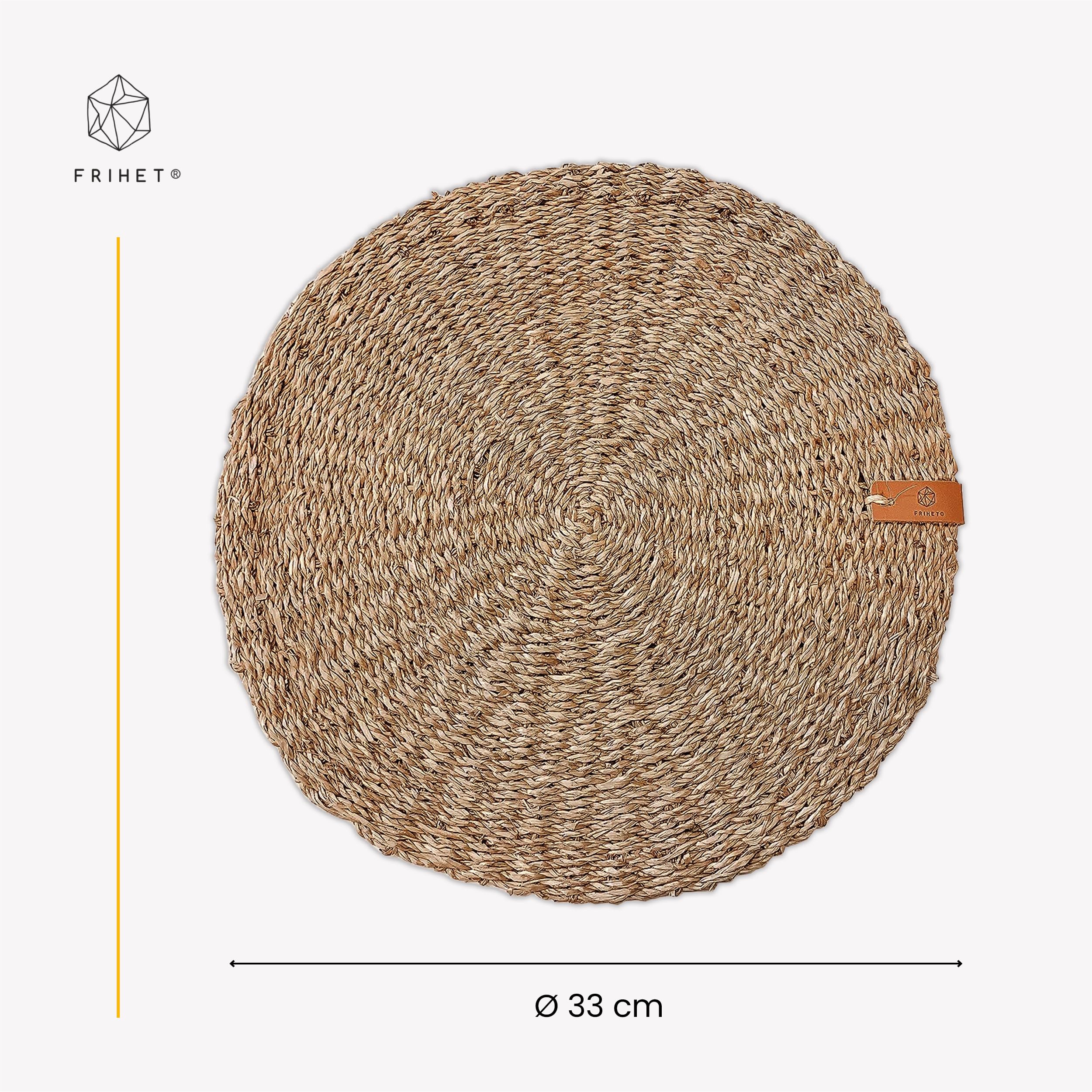 FRIHET Tischset rund - Seegras geflochten (4er Set) Platzset Ø 33 cm, Natur Tischdeko, Tischsets Platzsets abwischbar, Platzdeckchen Esstisch, Hygge Skandi Boho
