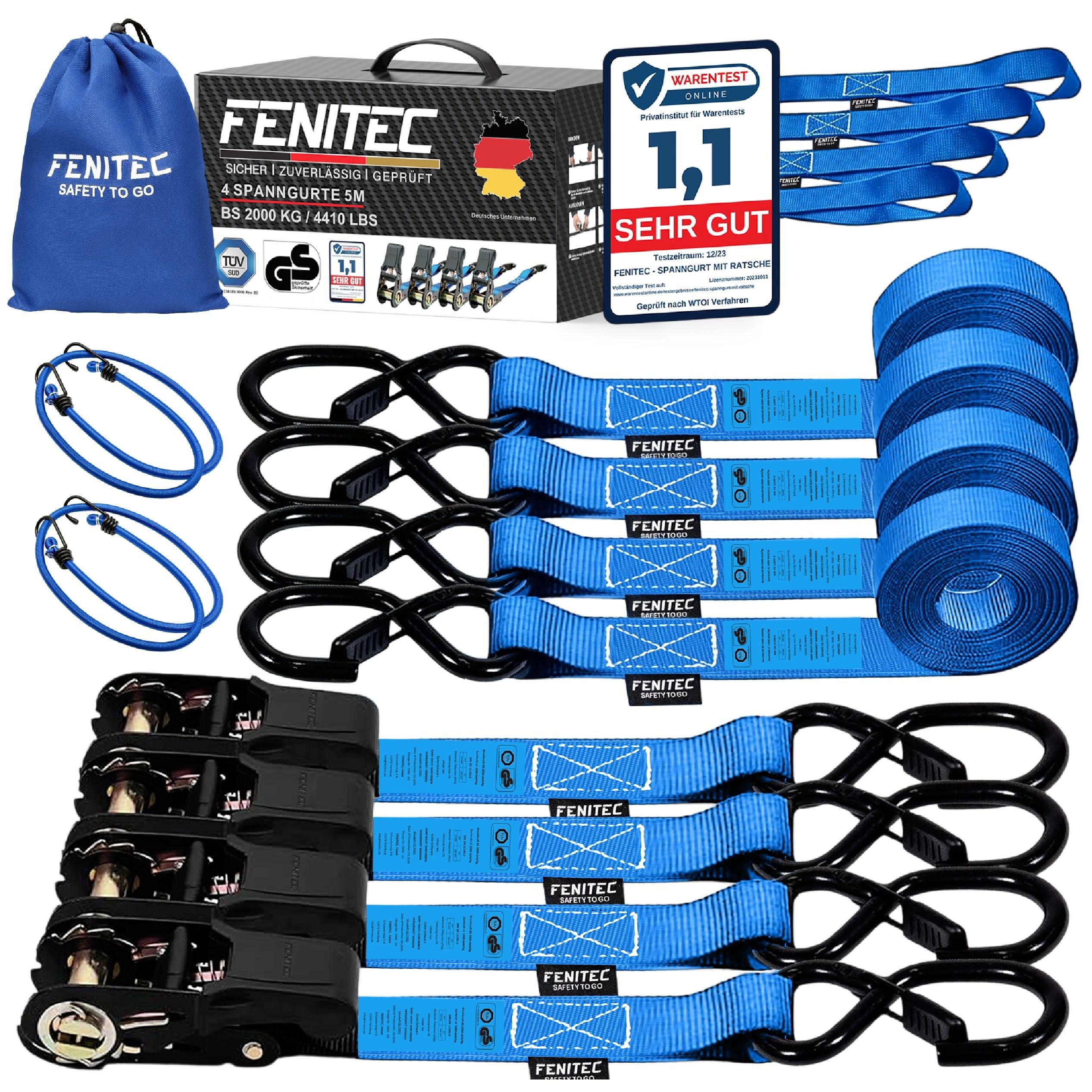 4X Spanngurte mit Ratsche und Haken 5m 25mm – 1000kg Bruchlast – TÜV/GS EN 12195-2 geprüfte Zurrgurte – Doppelnaht – Ratschengurte Set zur Ladungssicherung bei jedem Wetter (Blau, 1000 kg)