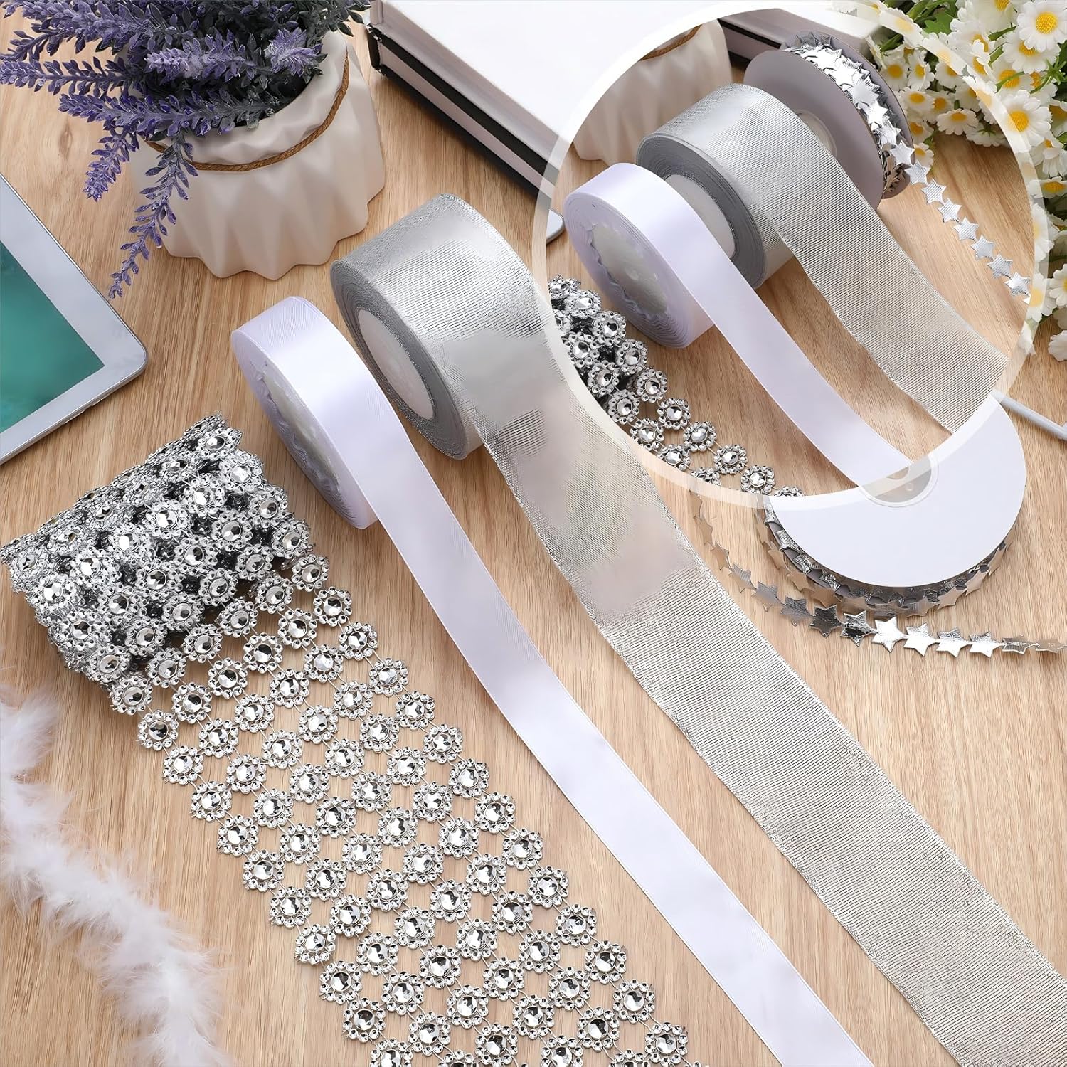 Giegxin 5 Rolls 54 Yard Homecoming Mum Ribbon Including Crystal Rhinestone Ribbon Polyester Star Trim Marabou Feather Boa White Satin Silver Organza for DIY Chrysanthemum Party Supplies