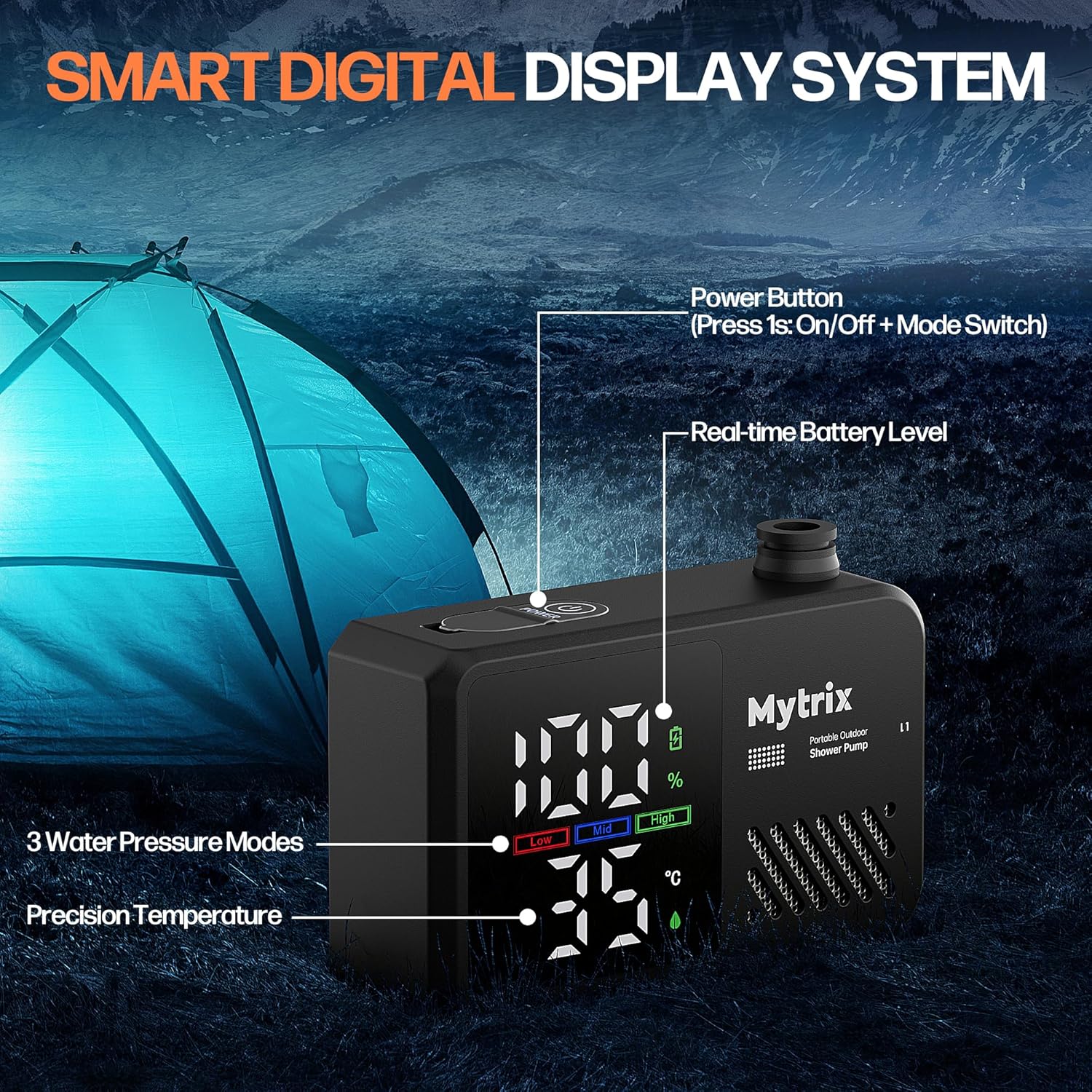 Mytrix Portable Camping Shower Pump with Foldable Bucket, 10L/Min High Flow, 7800mAh Rechargeable Battery, 4 Spray Modes, IPX8 Waterproof Outdoor Shower for Hiking, Travel & Pets