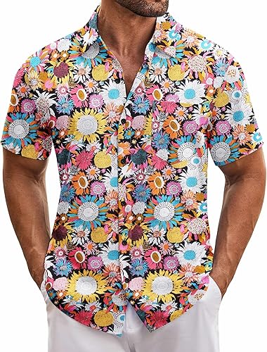 COOFANDY- Camisa hawaiana tropical de manga corta para hombre, estilo informal con botones, camisa de playa floral para verano con bolsillo