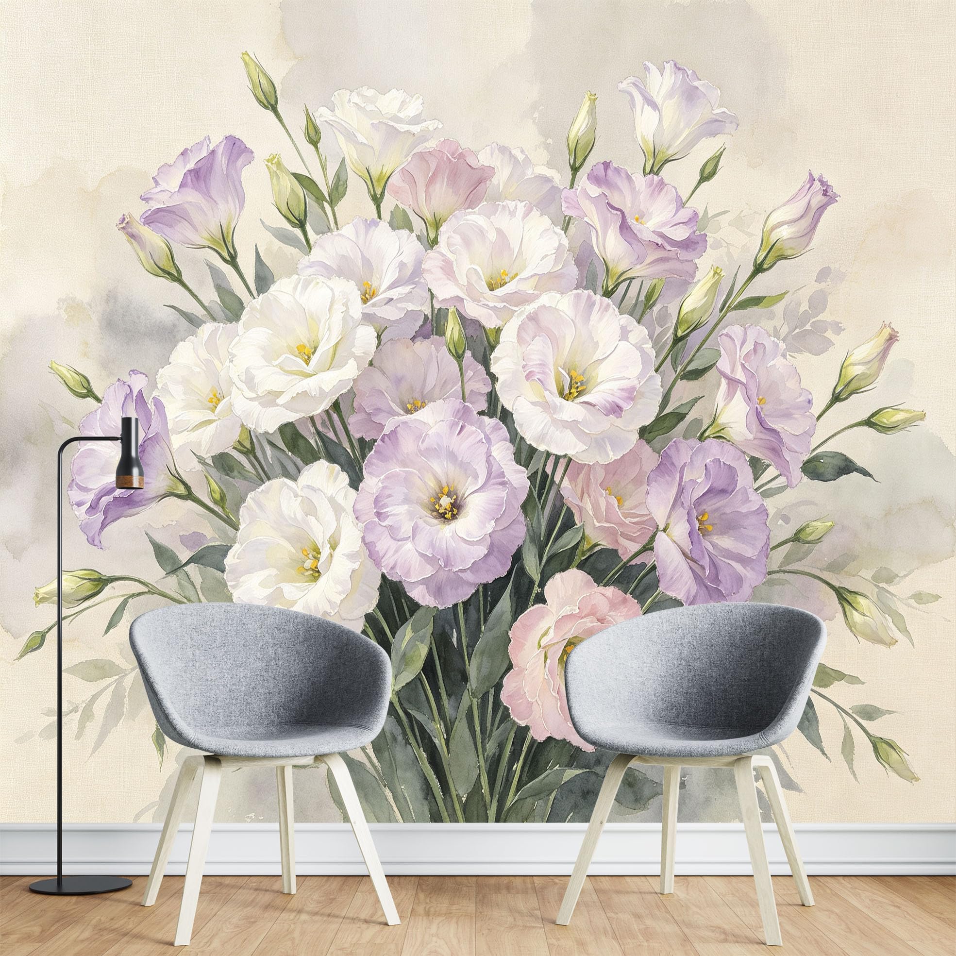 Papier Peint Photo Mural Floral Aquarelle Eustoma Intissé 500 x 280 cm Motif Floral Décoration Fresque Murale Moderne pour Salon Chambre et Intérieur.