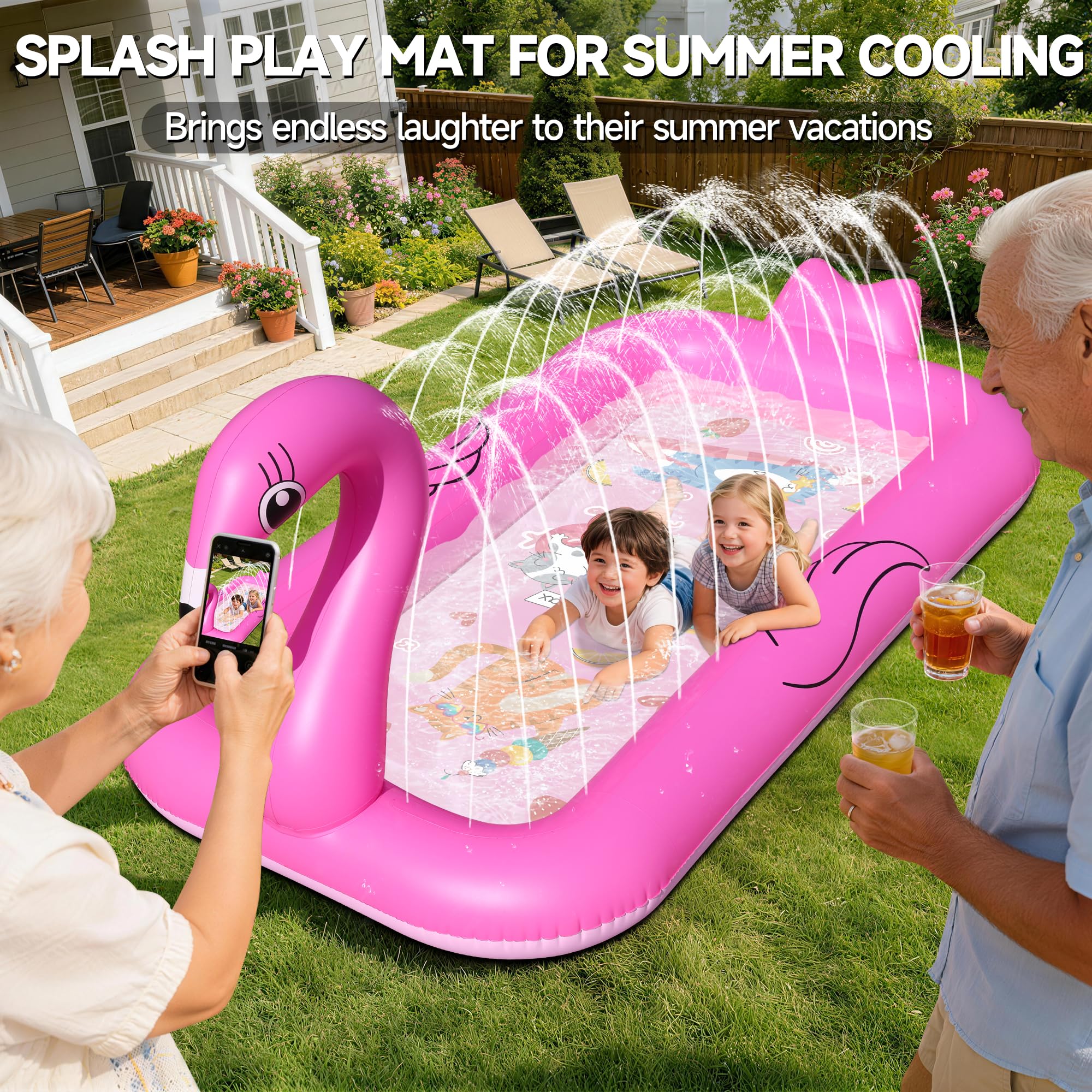 KingSom Tapis de Jeu d'eau Enfants, Flamant Jeux d'eau Enfant Extérieur Épaissi, Tapis Aquatique Antidérapant, Jeux Exterieur Piscine pour l’été, Tapis d'eau Gonflable, Splash Jouet d'eau pour Jardin