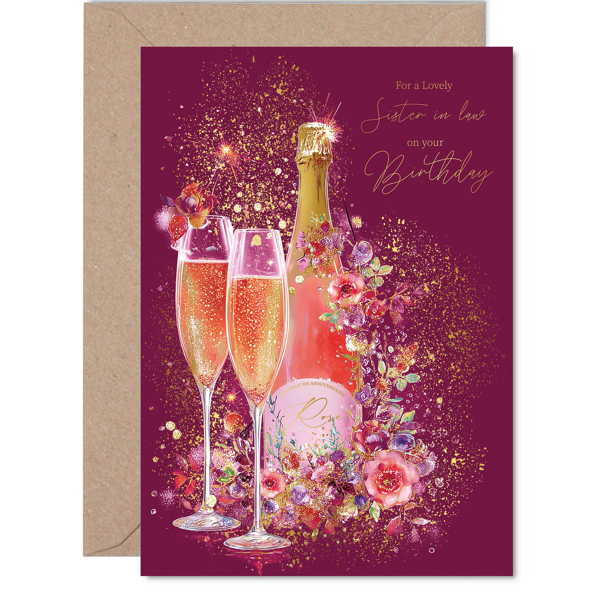 Gold Sister in Law Birthday Card, Sparkling Wine Prosecco