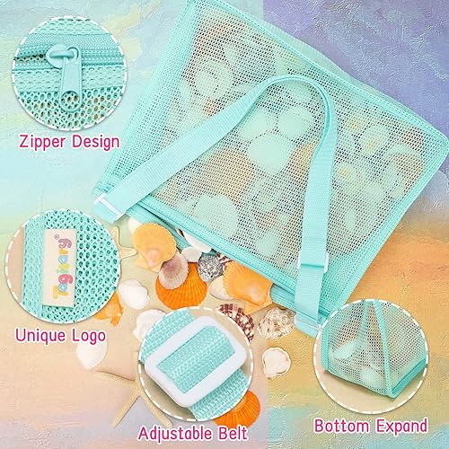 Miniatura 23 de Tagitary Bolsa de playa de malla para juguetes de playa, bolsa de recolección de conchas para niños, bolsa de juguete de arena para sostener