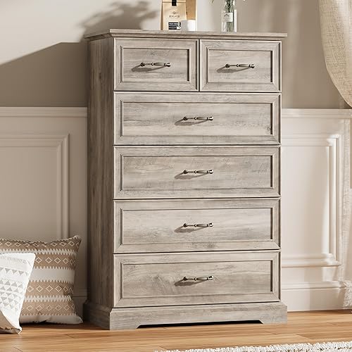 Miniatura 9 de Cómoda de 6 cajones para dormitorio, cofre de cajones de madera de 43" de alto, cómoda rústica de granja con cajones grandes y asas de metal