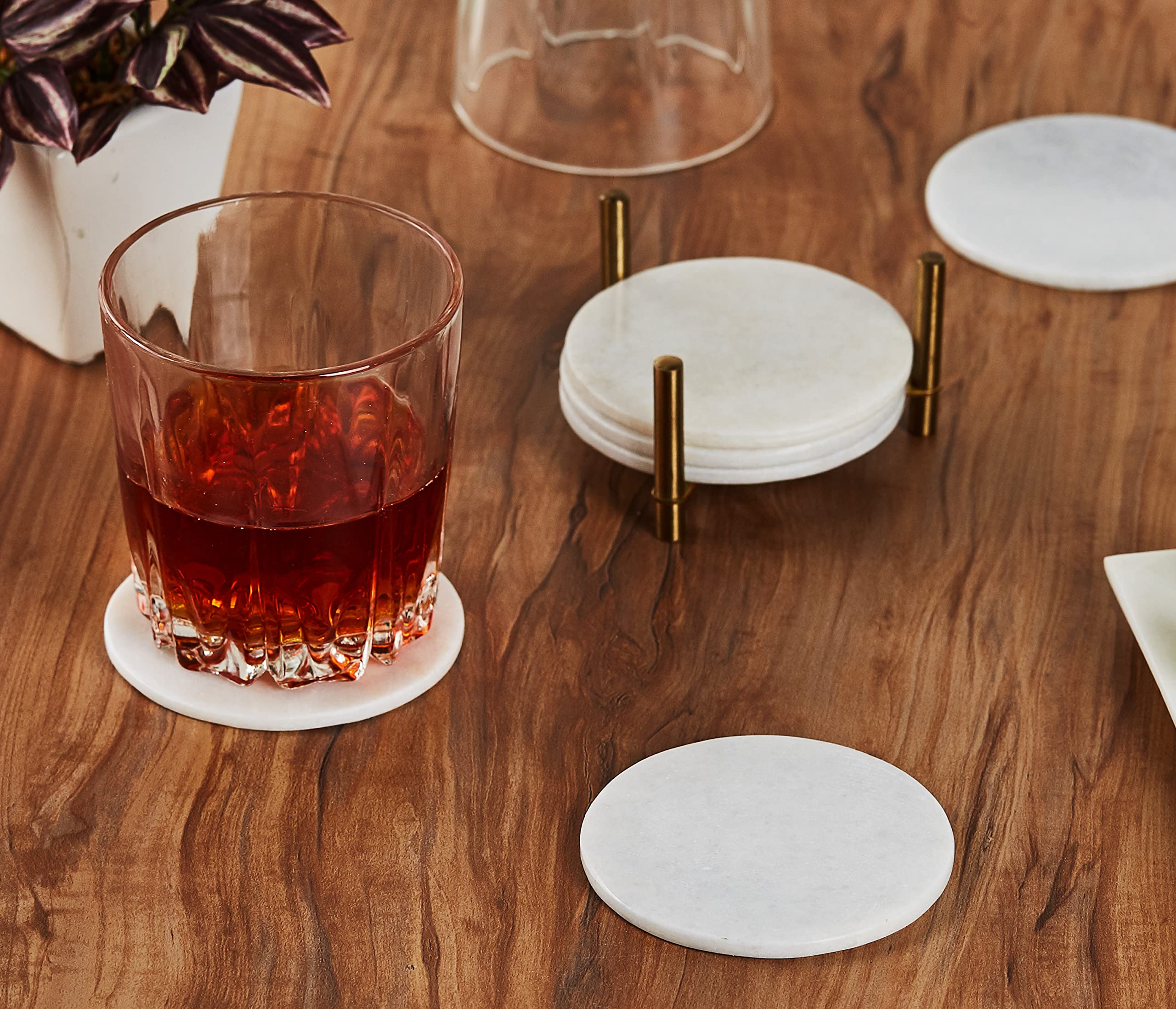 Queenza Marble Coasters, Set of 6 Pearl White Marble Drink Coasters with Holder, 3.5 Inch Wide, 5 mm Thick - Image 3