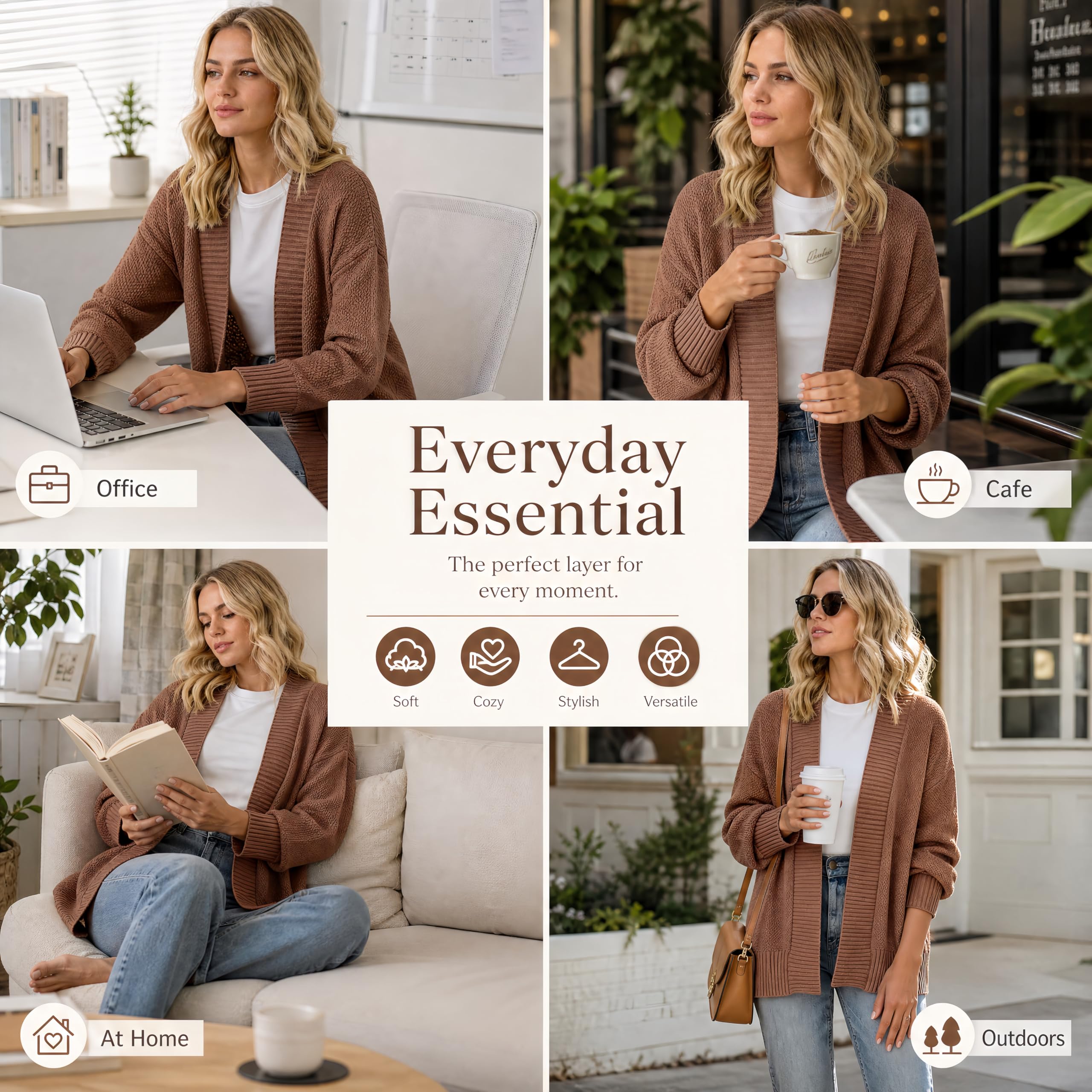Cárdigan Punto Extragrande Mujer Frente Abierto Manga Larga Manga Abullonada Chaqueta Punto Largo Medio Ribete Acanalado Cárdigan Informal Otoño para Superponer Prendas Prenda Abrigo para Uso Dia