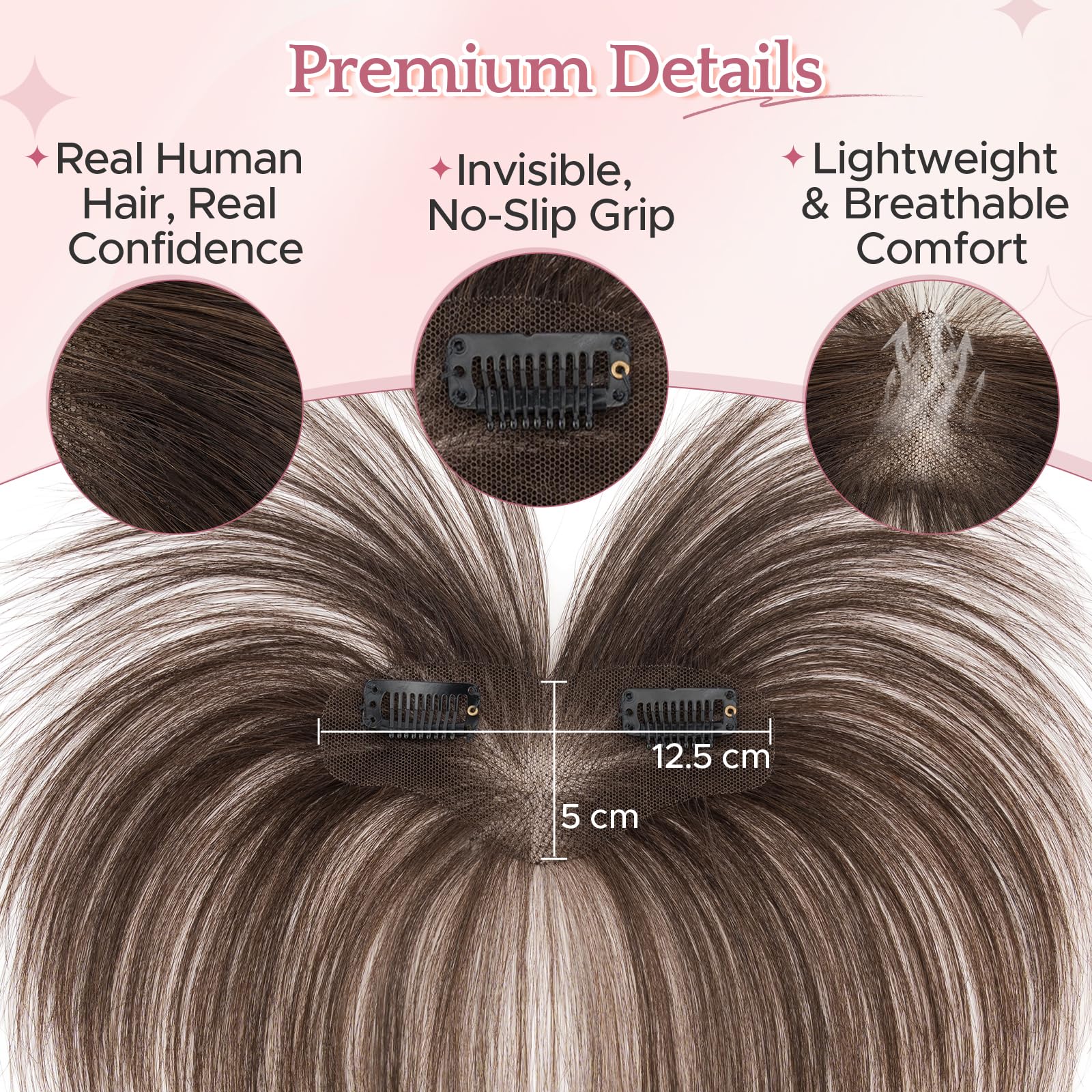 Clip in Pony pelo humano 100% Remy, flequillo francés aireado para sienes claros, extensiones de pelo natural anudado a mano para mujer, #2 marrón oscuro