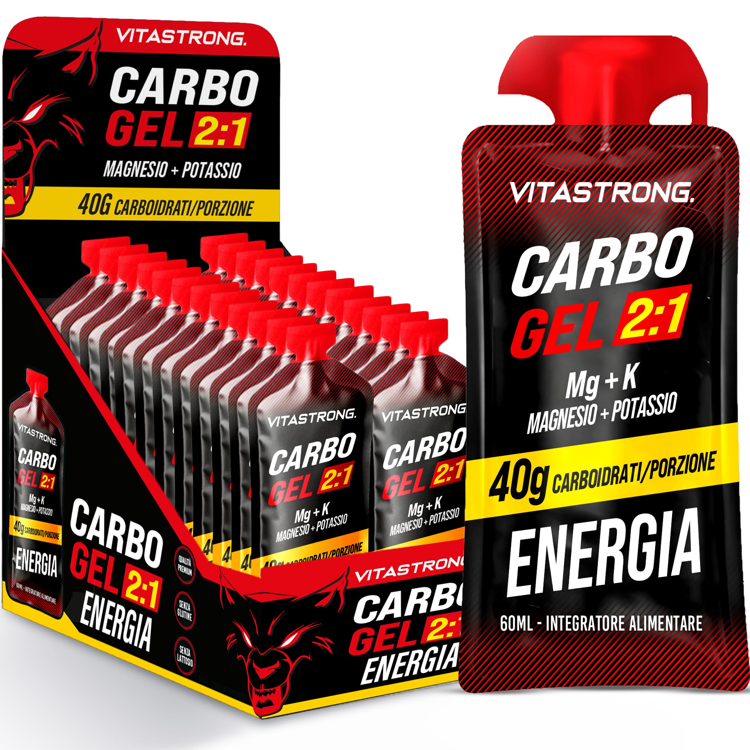Vitastrong Carbo Gel 2:1 Energy Magnesio e Potassio Bustine con Cannuccia | 24 Carbogel da 40g Carboidrati, 56mg Magnesio e Potassio 300mg per Dose, Maltodestrine, Ciclismo Pre Workout e Intra Workout