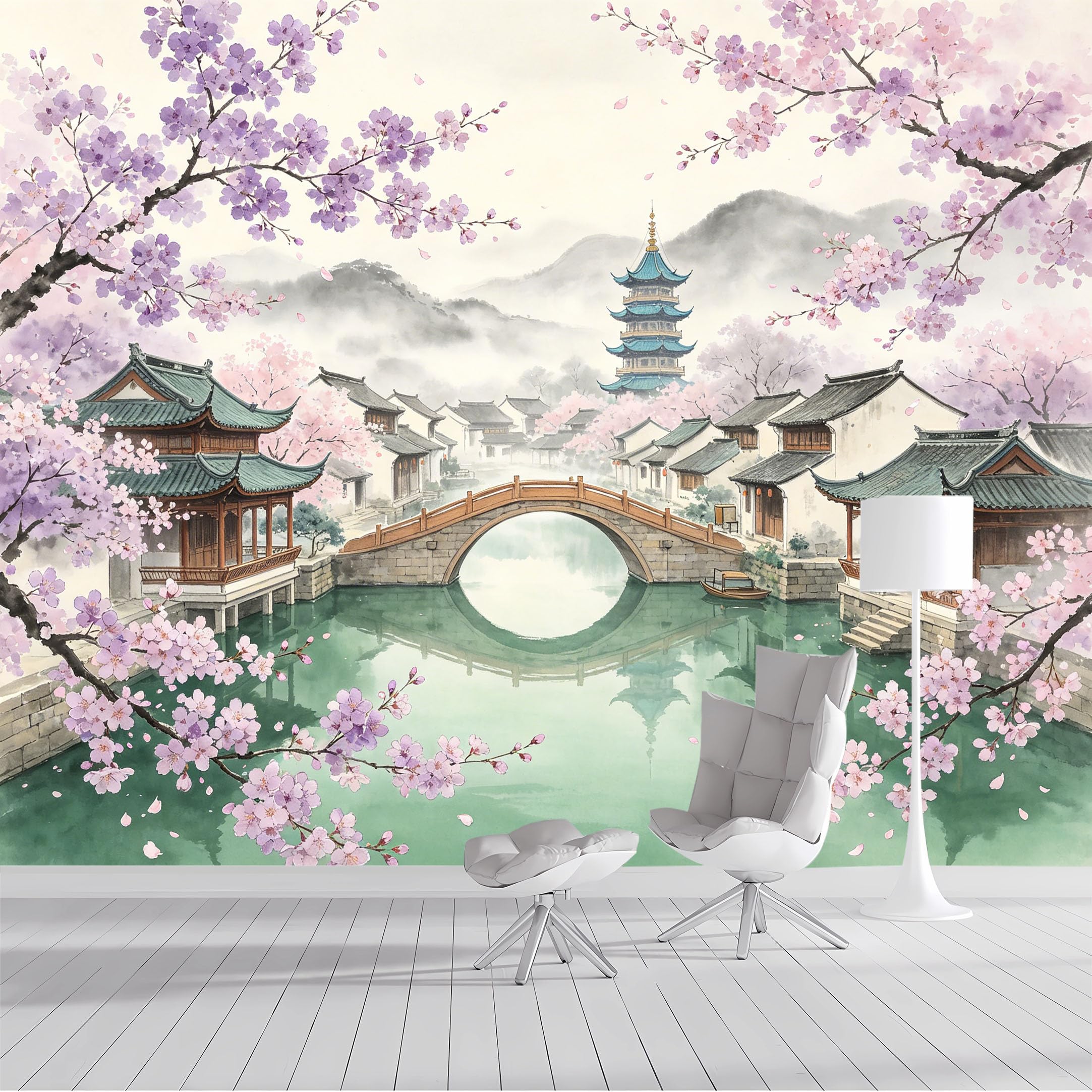 Custom Size Wall Mural Oriental Water Town Cherry Blossom Bridge Landscape Watercolor Art SelfAdhesive Wall Fabric Removable Peel and Stick Wallpaper for Living Room Bedroom Bathroom