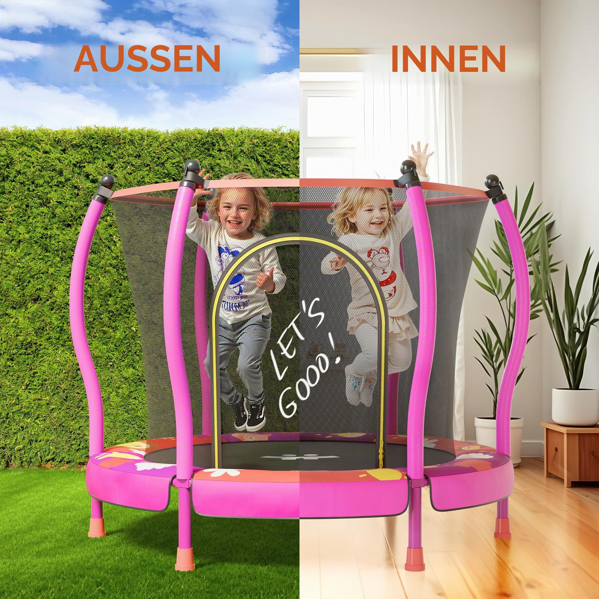 Happin 55” Toddler Trampoline Indoor & Outdoor Playset Ages 1-6, 5FT Kids, Ultra Safe Mini Trampoline for Kids with Safety Enclosure Net, Gifts for Birthday with Basketball Hoop