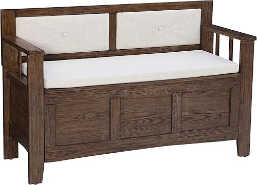 Linon Umber Brown Carlton - Banco de almacenamiento rústico con respaldo tapizado beige y asiento acolchado
