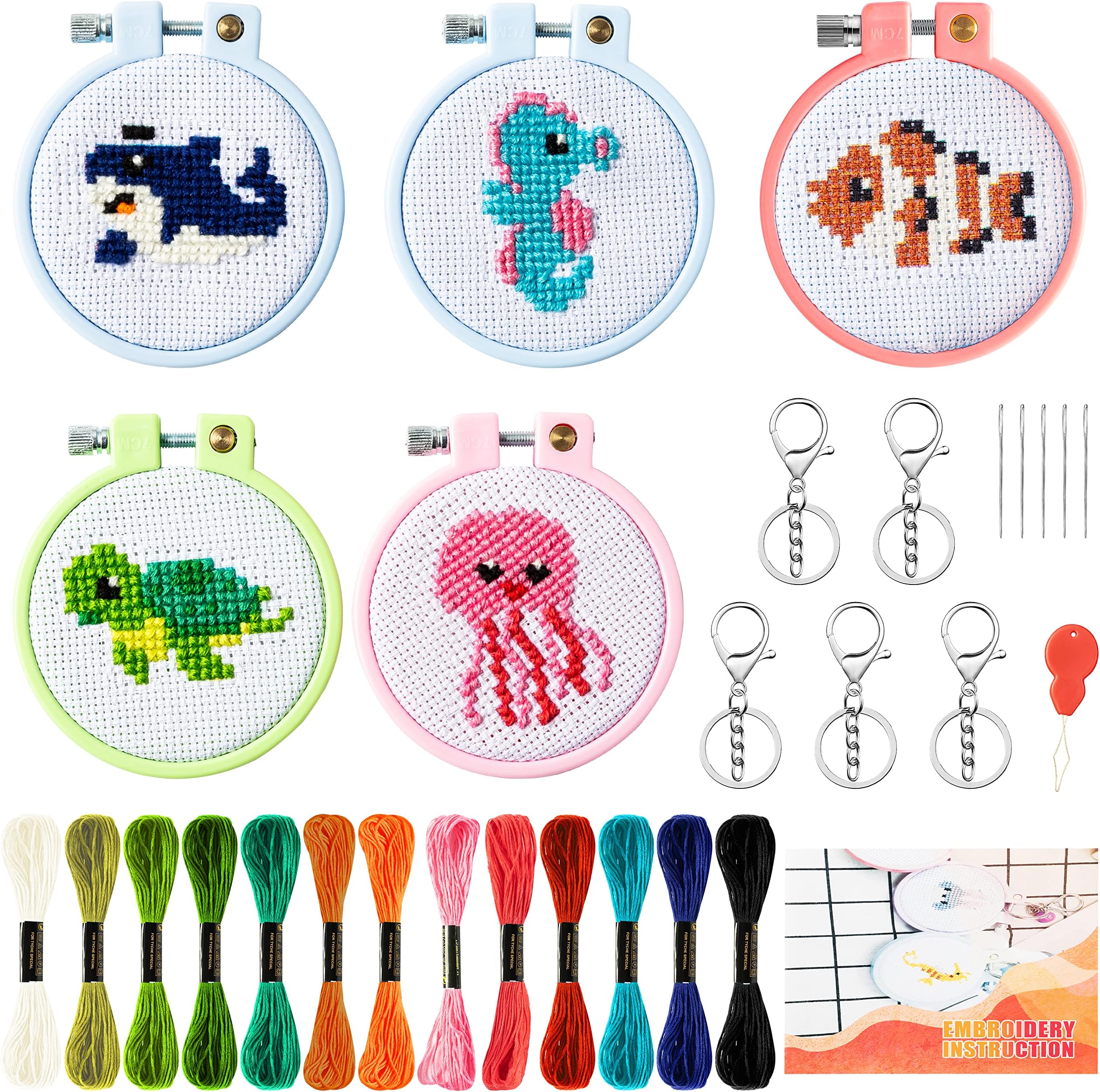 WATINCWATINC 5Pcs Embroidery Kit for Kids Stamped Cross Stitch DIY Key Chain with Sea Animals Patterns Needlepoint Starter Kits Ocean Animal Themed Educational Craft Supplies for Beginners Adults Schoolbag