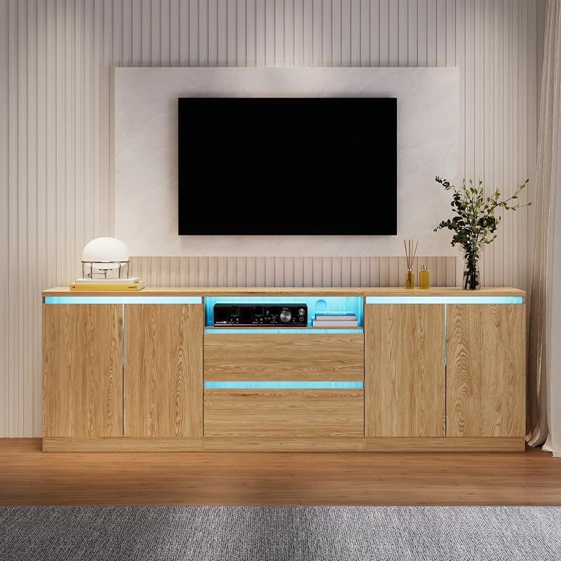 Bobve Modern TV Stand for TVs Up to 100",LED TV Console,Long Entertainment Center with 2 Drawer/2 Cabinets,Universal TV Stand for Living Room,Bedroom,Oak,3 Light Modes image 6