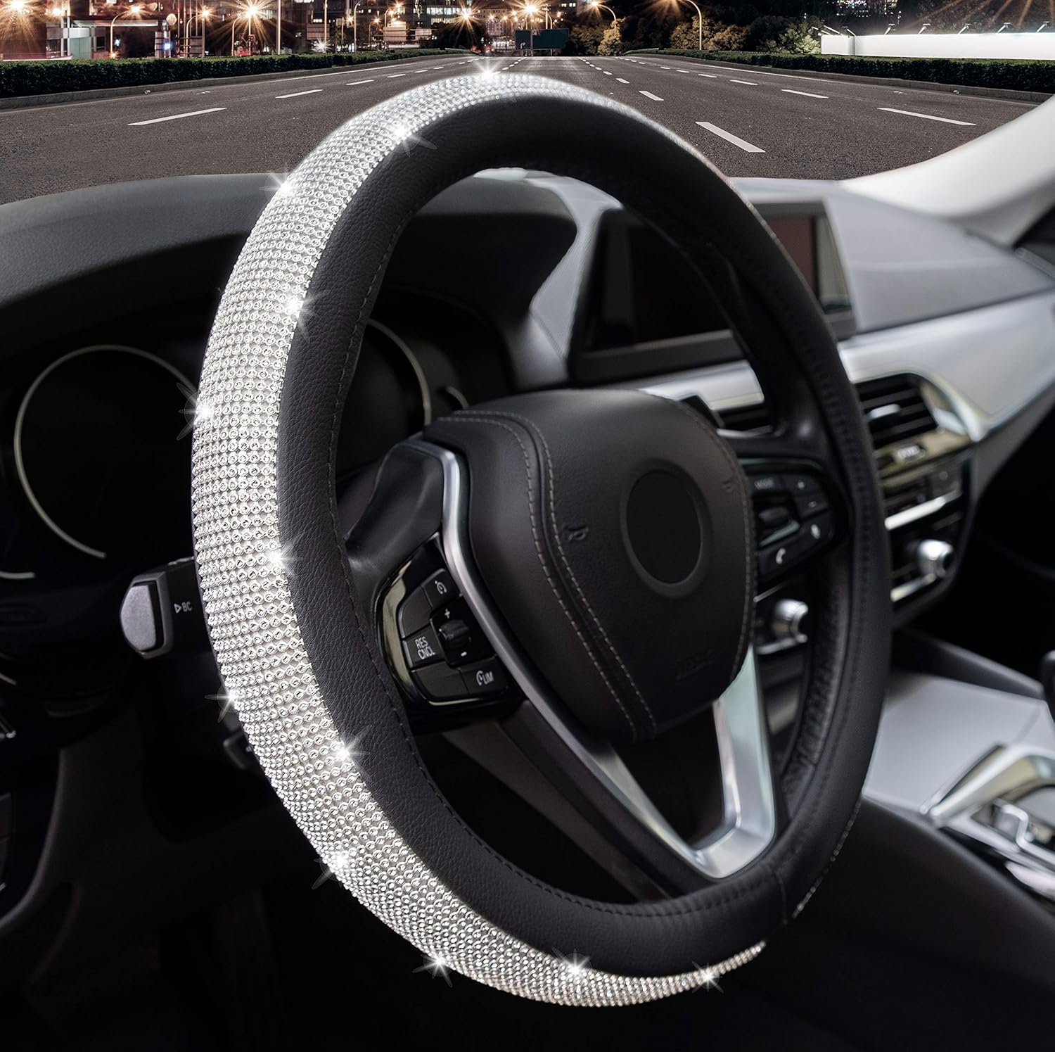 Magnelex Microfiber Leather Steering Wheel Cover – Stunning and Shiny Crystal Diamond Design. Compatible with Most Makes and Models of Cars and Trucks with 14.5 to 15 Inch Steering Wheels : Automotive