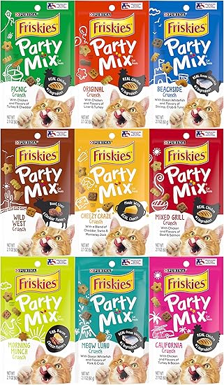 Friskies Party Mix Crunch Variety Pack (9 Flavors) - Wild West, Morning Munch, Mixed Grill, Picnic, Beachside, Cheezy Craze, Original, California Dreamin', and Meow Luau