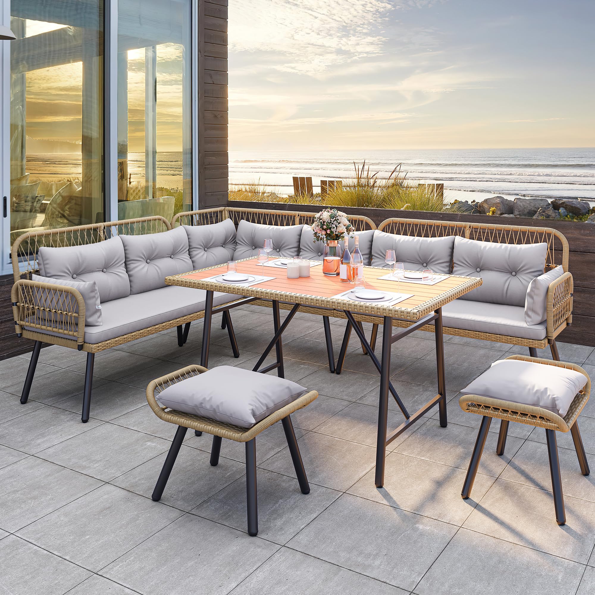Photo 1 of ***PARTIAL SET - PRICE ADJUSTED***YITAHOME Patio Wicker L-Shaped Furniture Set, All-Weather Rattan Outdoor Conversation Sofa Set for Backyard Deck with Soft Cushions,Ottomans and Wood-Like Dining Table, Light Brown+Gray
