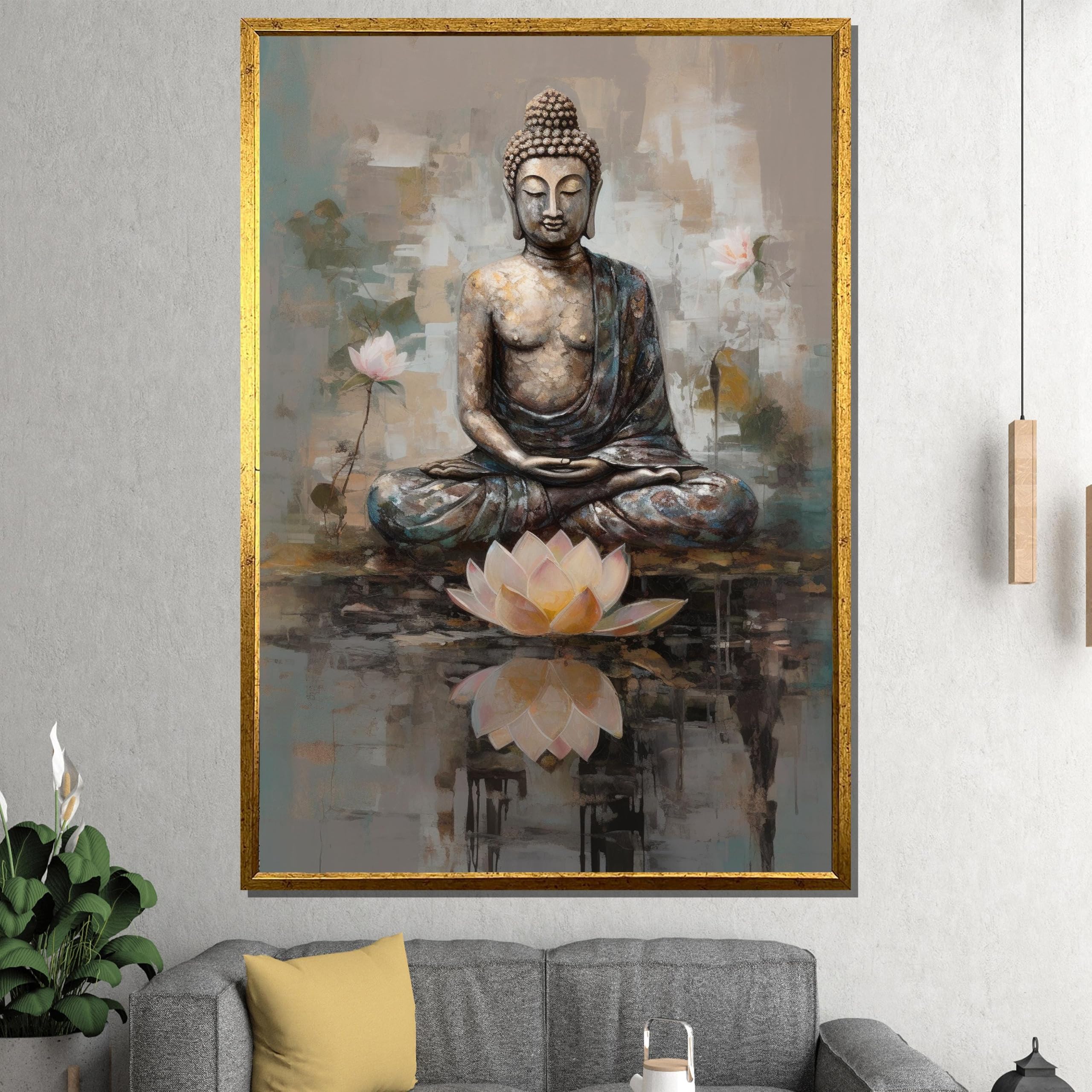 XINBAO Calm Meditative Buddha obraz na płótnie, gotowy do powieszenia, plakaty Zen, boho, odbicie, dekoracja na płótnie, sztuka ścienna (80 x 120 cm)
