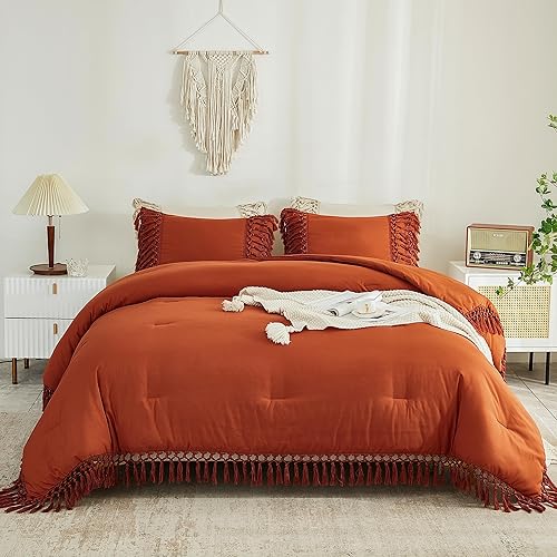 Miniatura 5 de Andency - Juego de edredón con borlas tamaño matrimonial de 3 piezas, ligero y suave, esponjoso, con flecos, para todas las estaciones (naranja