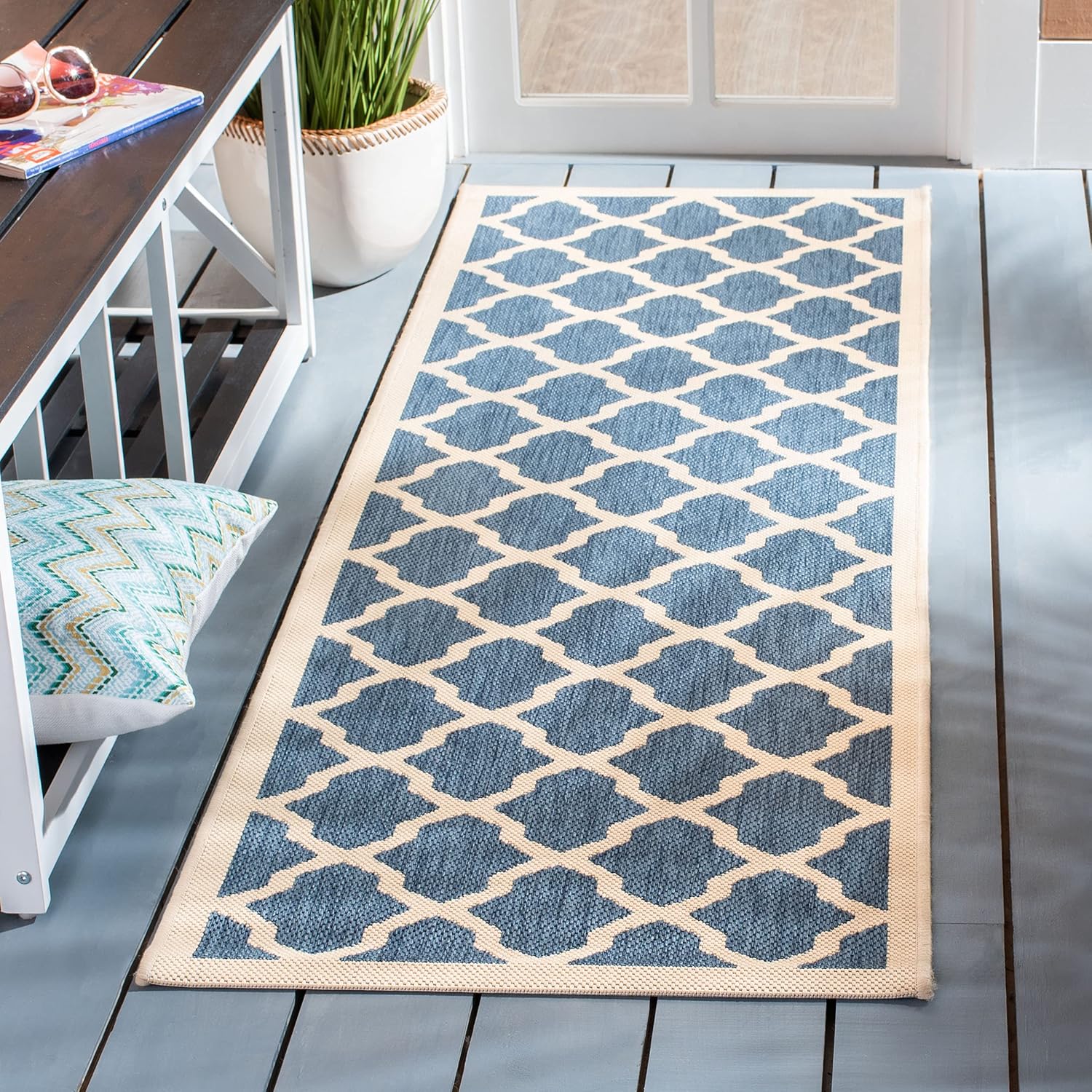 SAFAVIEH Washable Rug Outdoor Courtyard Collection - 2'3" x 12' Runner, Blue & Beige, Non-Shedding & Easy Cleaning, Ideal for Patio, Entryway, Mudroom, Hallway, Kitchen (CY6903-243)