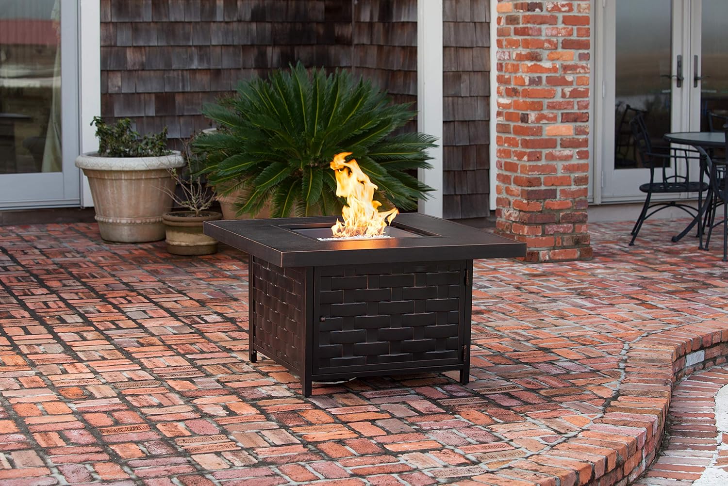 Fire Sense 62572 Armstrong Aluminum Convertible Gas Fire Pit Table 55,000 BTU Outdoor Multi-Functional Fire Pit with Fire Bowl Lid, Nylon Weather Cover & Clear Fire Glass - Bronze Finish - Square