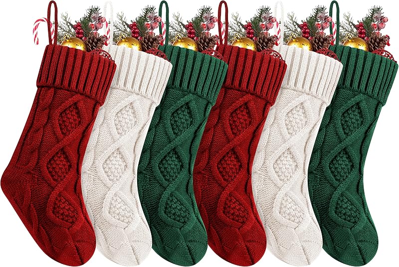 Paquete de 6 medias navideñas Fesciory, decoración navideña de punto trenzado de 14 pulgadas | Juego de 6 paquetes, tamaño de 14 pulgadas, punto trenzado, verde burdeos, vacaciones familiares, regalo de fiesta, decoración de chimenea