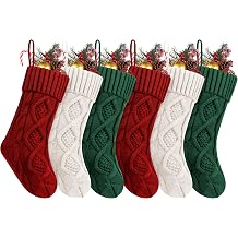 Fesciory Christmas Stockings 6 Pack, 14 Inch Cable Knit Xmas Decor | 6 Pack Set, 14 Inch Size, Cable Knit, Burgundy White Green, Family Holiday, Party Gift, Fireplace Mantel Decor