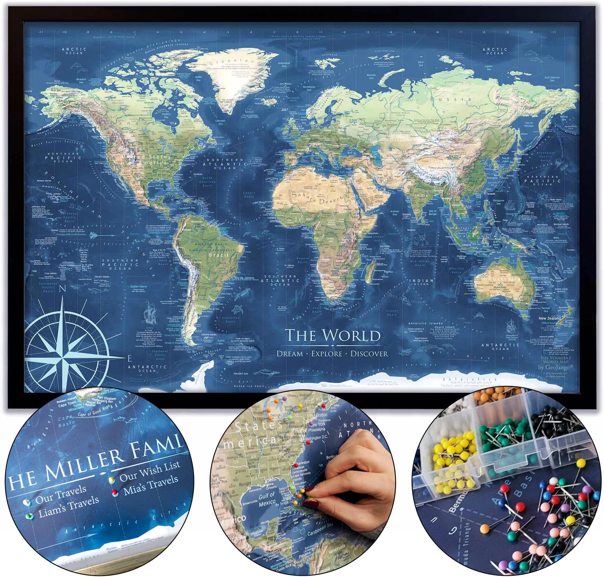 Personalized World Travel Map with Pins - Large Wall Art Stretched Canvas or Framed Map - Perfect Travel Gift - World Maps for Wall - Voyager 1 World Push Pin Travel Map - Includes 500 pins
