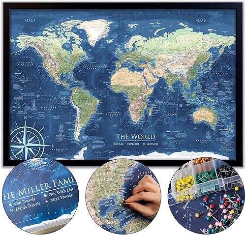 GEOJANGO Mapa de viaje del mundo personalizado con alfileres, lienzo estirado de pared grande, póster enrollado o mapa enmarcado, Voyager 1 hecho a