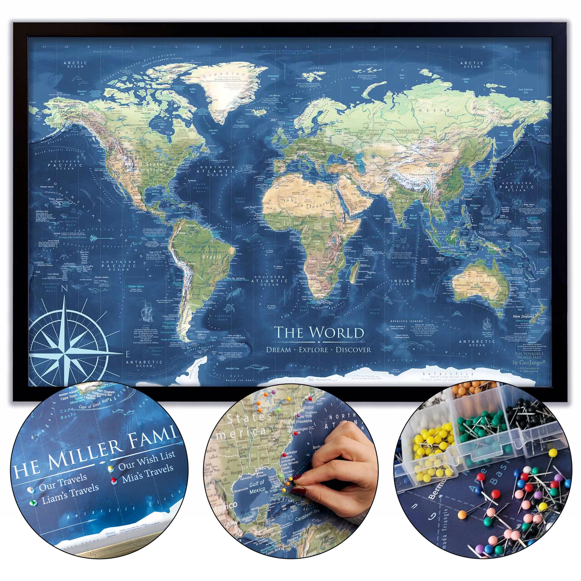 Personalized World Travel Map with Pins - Large Wall Art Stretched Canvas or Framed Map - Perfect Travel Gift - World Maps for Wall - Voyager 1 World Push Pin Travel Map - Includes 500 pins