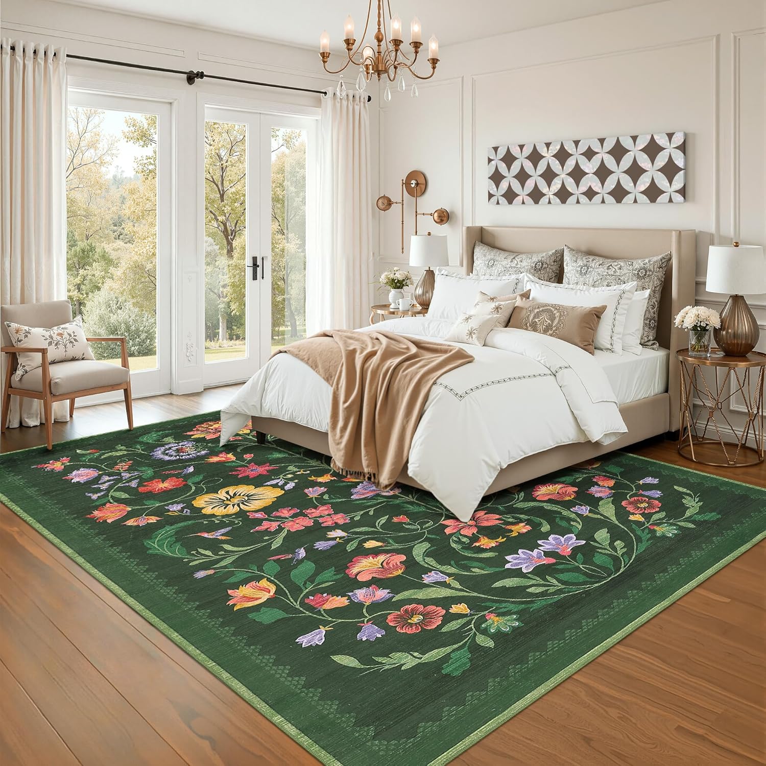GarveeHome Washable Rug 3x5 Area Rugs for Living Room, Floral Rug for Bedroom, Soft Boho Non Slip Throw Rugs with Rubber Back, Low Pile Stain Resistant Vintage Floral Carpet for Dining Room, Green