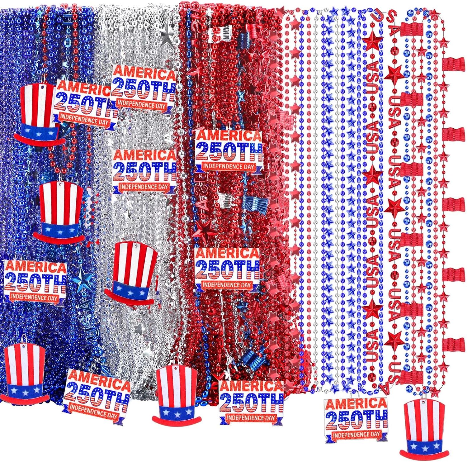 Aurelema 100 Pcs 250th Anniversary 4th of July Beads Necklaces Bulk - Patriotic Red White Blue Metallic Beads with 250 Design for Independence Day Parade Party Favors Decorations Accessories 2026