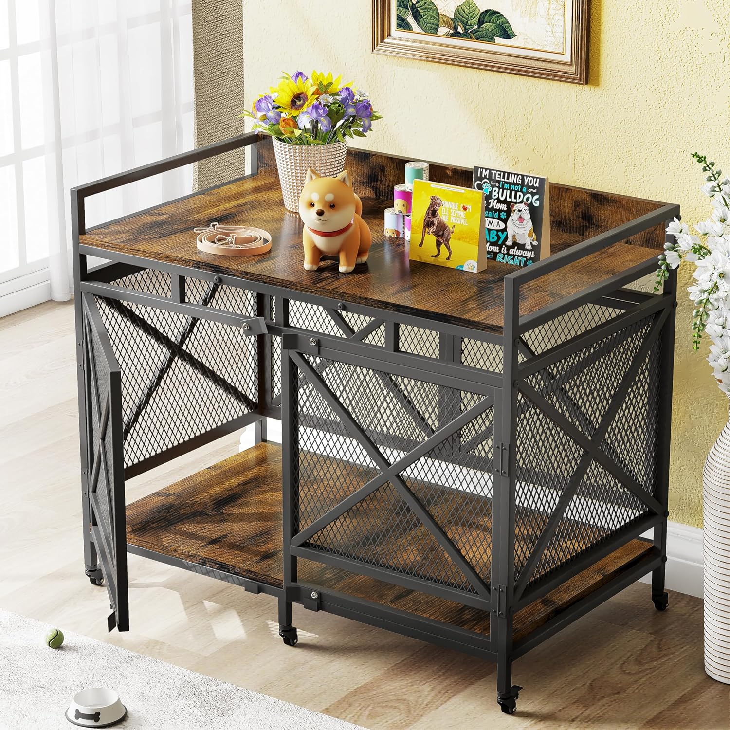 COZPAW Large Dog Crate Furniture, 48 Inch Wooden Dog Kennel for XLarge Dogs, Heavy Duty Dogs Furniture Indoor Wire Dog Cage with Caster Wheels, Decorative Pet House End Table, Brown