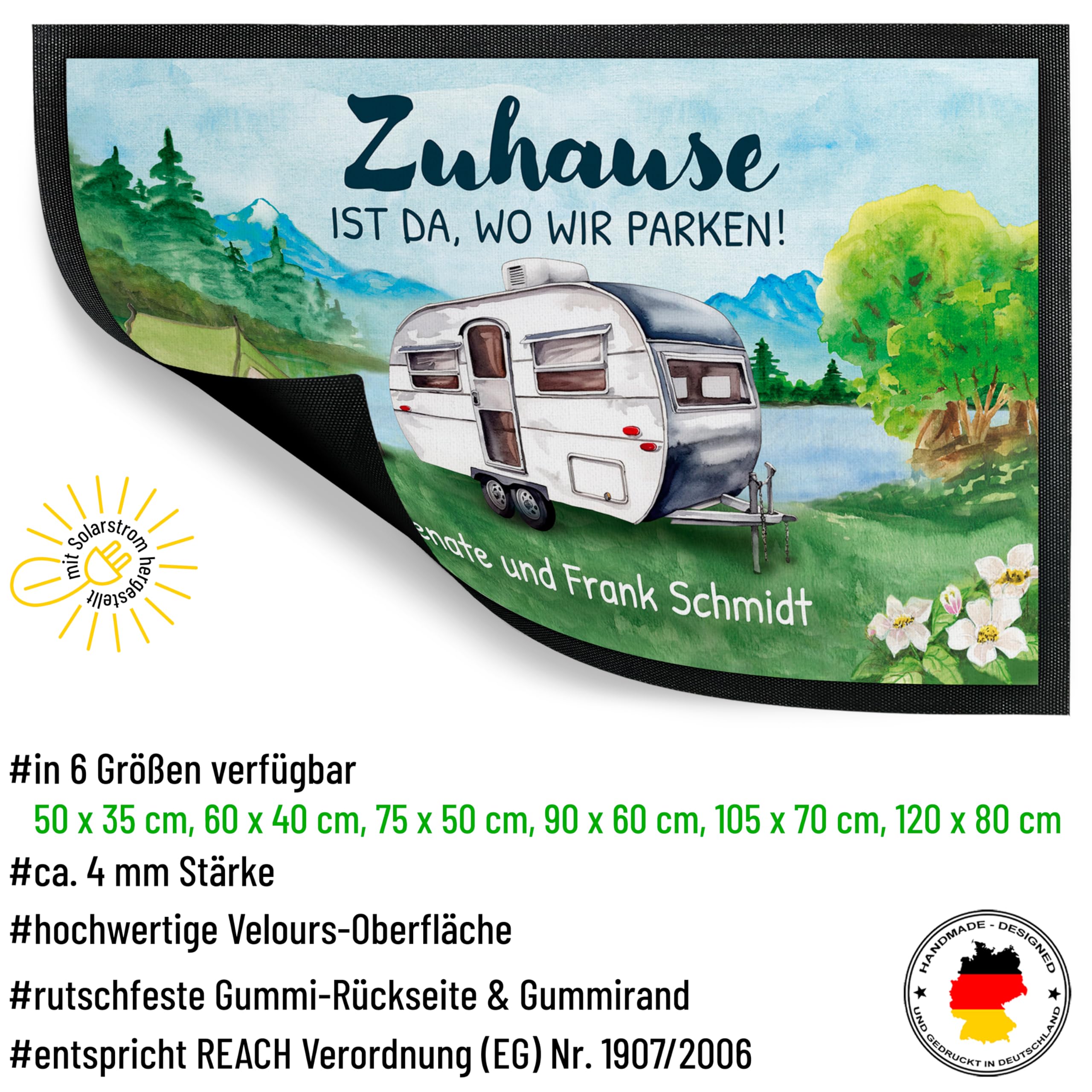 True Statements Personalisierte Fußmatte Camping 105 x 70 cm Wohnwagen Türmatte mit Wunschtext