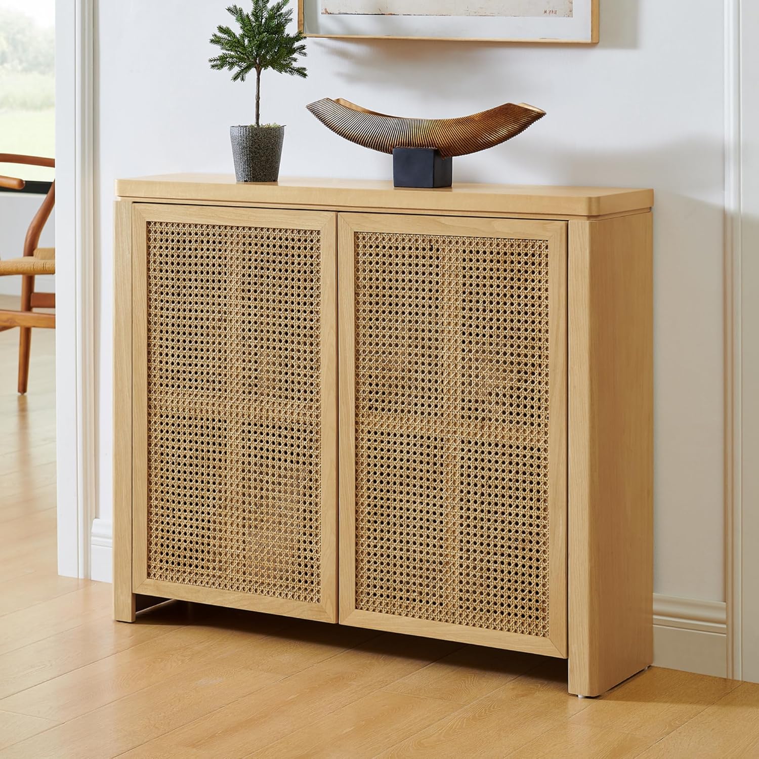 LKTART Small Sideboard Buffet Cabinet,Thin Kitchen Storage Cabinet with 2 Rattan Doors,Boho Wooden Console Table for Living Room,Entryway(39.4" Natural)