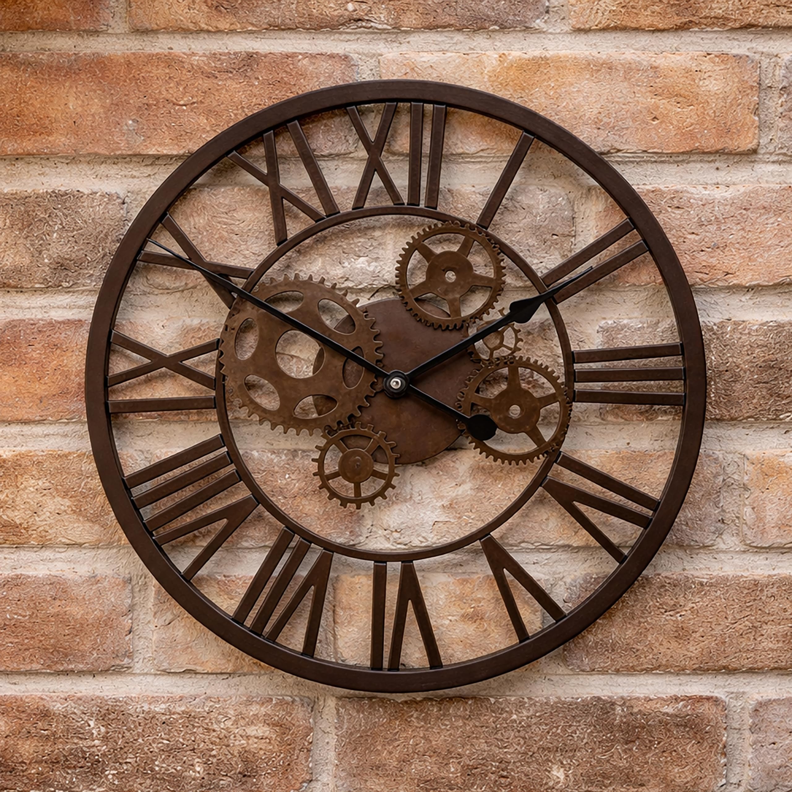 garden mile Orologio da parete tradizionale con numeri romani in stile vintage marrone impermeabile a batteria, grande metallo retrò a ingranaggio rotondo scheletro orologi da parete giardino patio