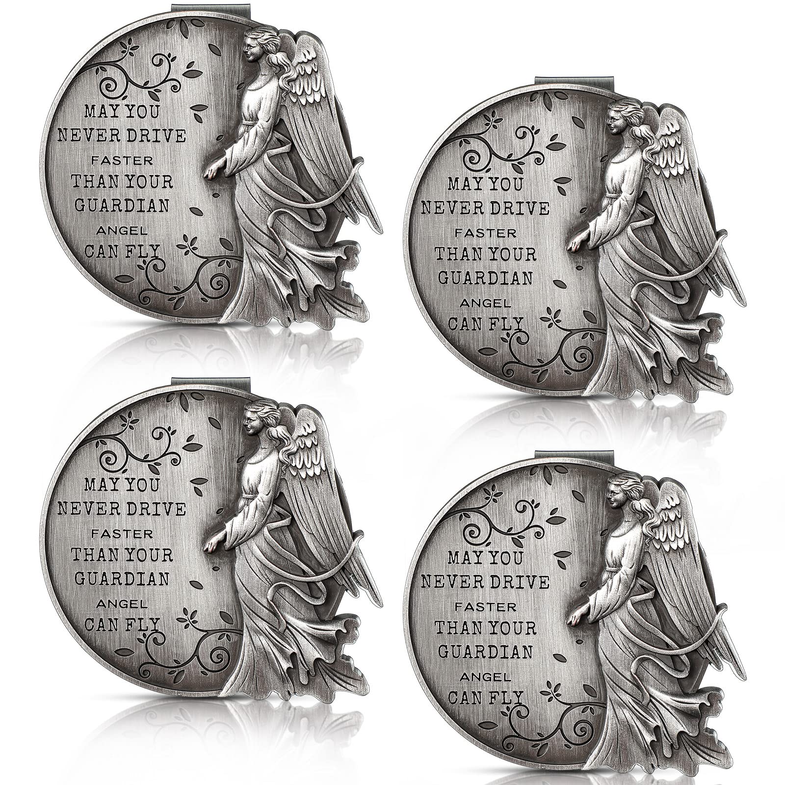 Guardian Angel Visor Clip for Cars Silver Never Drive Faster Than Your Can Fly Clips Auto Sun Visor Clip Accessories for Parent Family Friend(4 Pieces